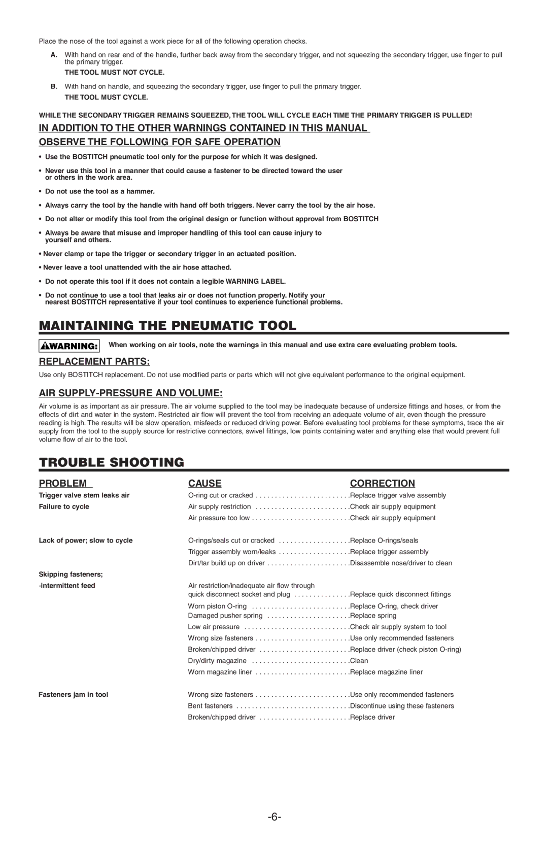 Bostitch BTFP71875 Maintaining the Pneumatic Tool, Trouble Shooting, Replacement Parts, AIR SUPPLY-PRESSURE and Volume 
