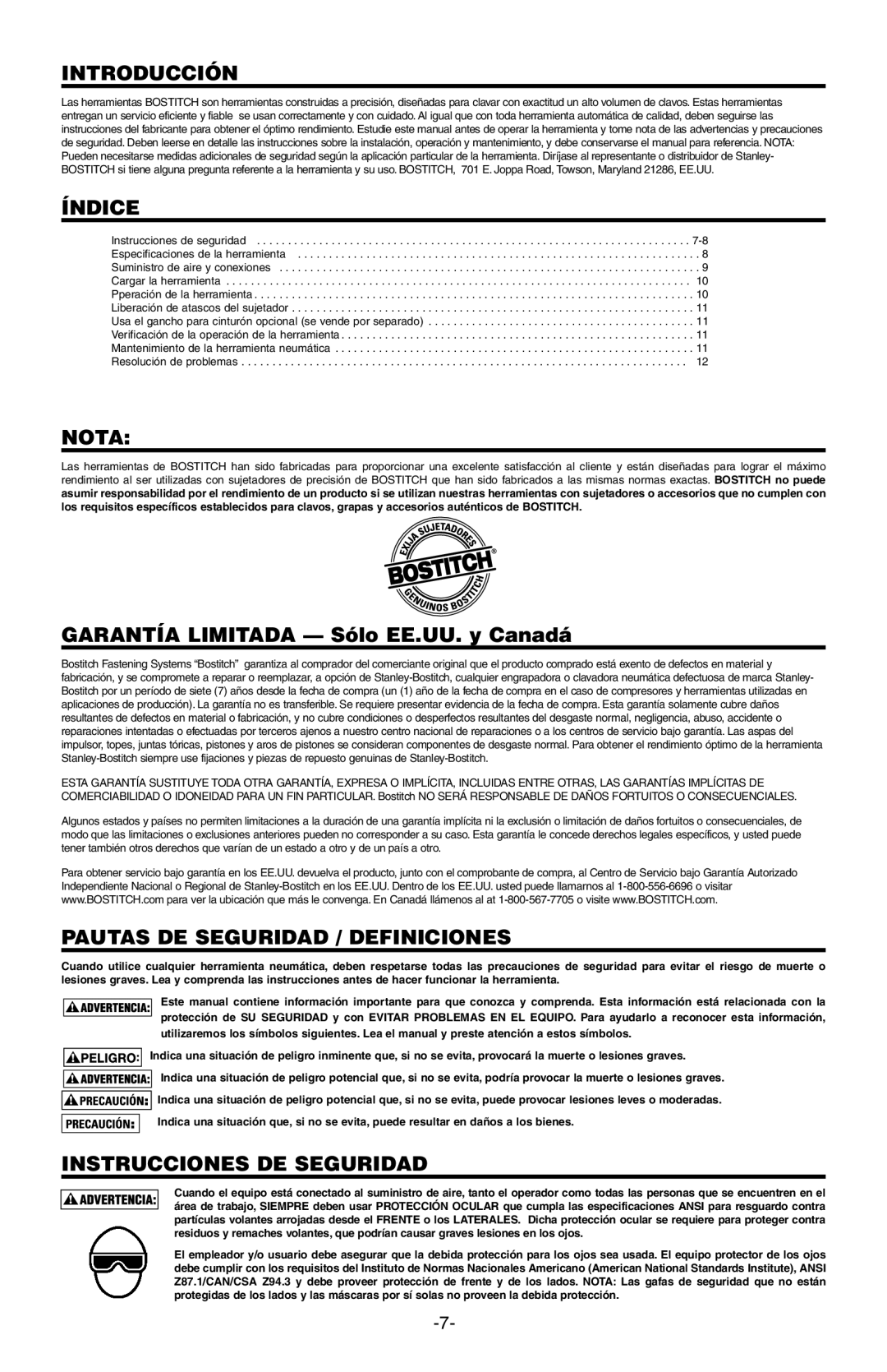 Bostitch BTFP71875 manual Introducción, Índice, Nota, Pautas DE Seguridad / Definiciones, Instrucciones DE Seguridad 