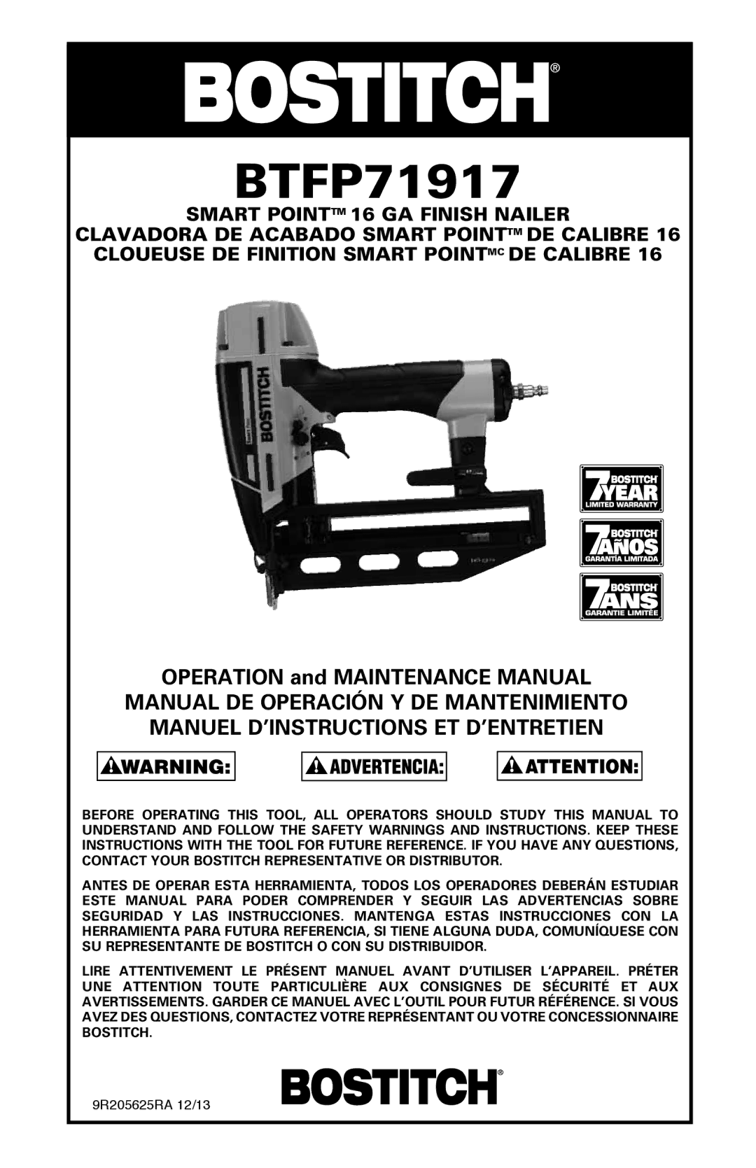 Bostitch BTFP71917 manual OPERATION and MAINTENANCE MANUAL 