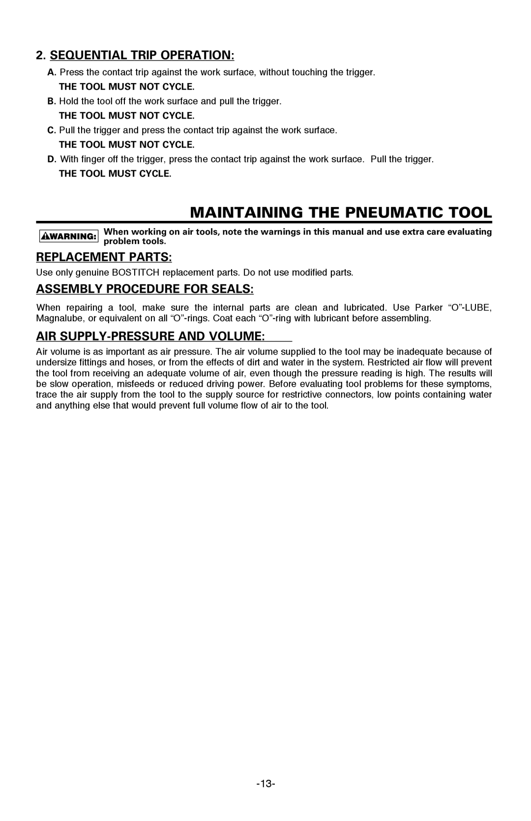 Bostitch BTFP71917 manual Maintaining the Pneumatic Tool, Replacement Parts, Assembly Procedure for Seals 