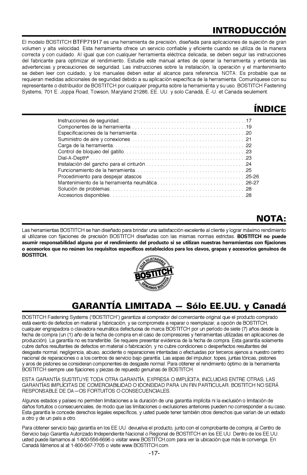 Bostitch BTFP71917 manual Introducción, Índice, Nota, Garantía Limitada Sólo EE.UU. y Canadá 