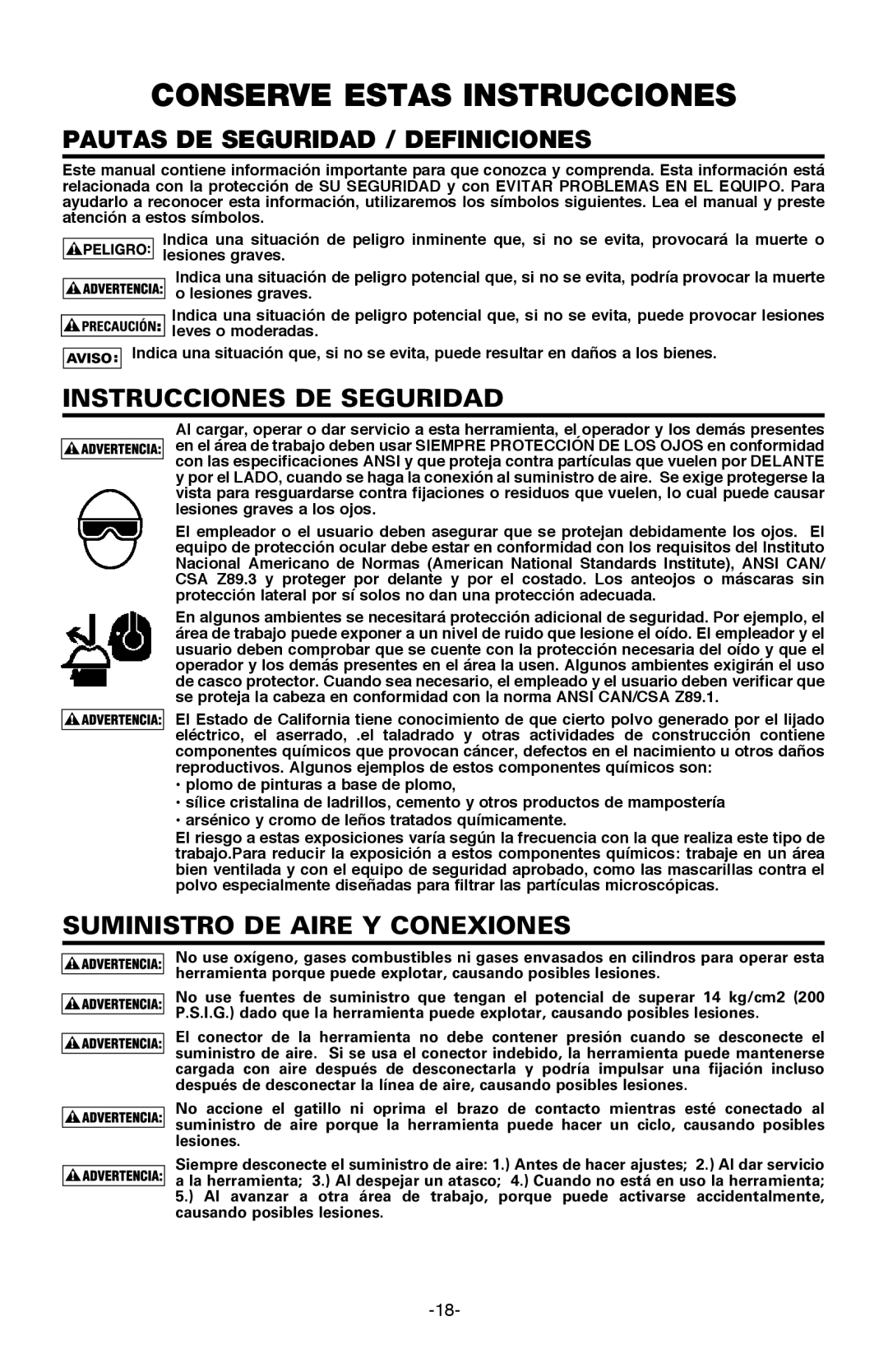 Bostitch BTFP71917 manual Pautas DE Seguridad / Definiciones, Instrucciones DE Seguridad, Suministro DE Aire Y Conexiones 