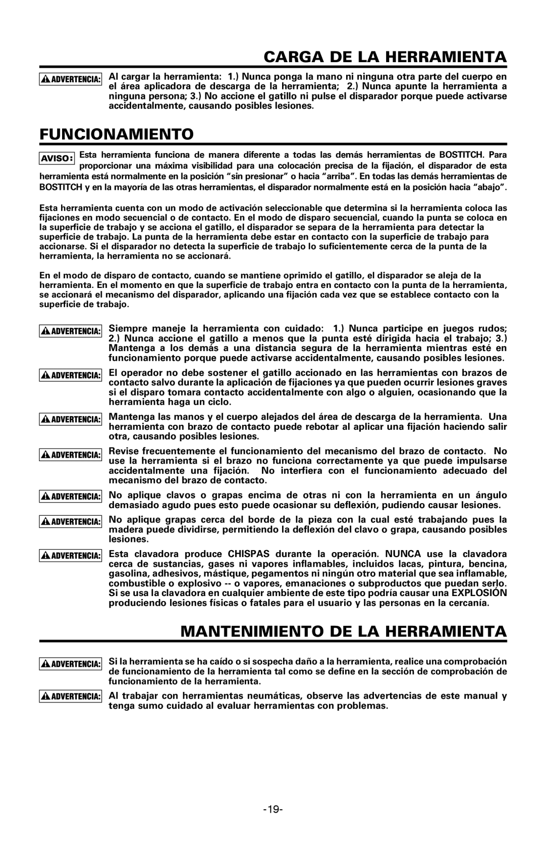 Bostitch BTFP71917 manual Carga DE LA Herramienta, Funcionamiento, Mantenimiento DE LA Herramienta 