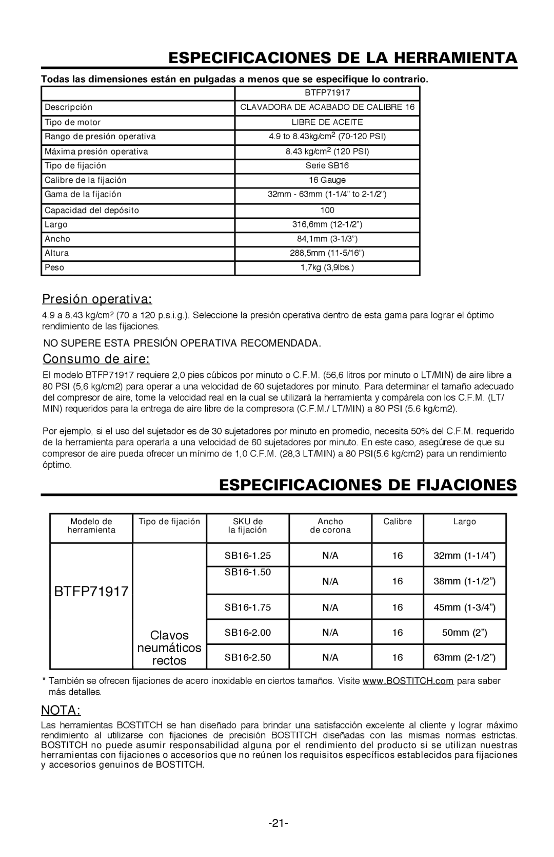 Bostitch BTFP71917 Especificaciones DE LA Herramienta, Especificaciones DE Fijaciones, Presión operativa, Consumo de aire 