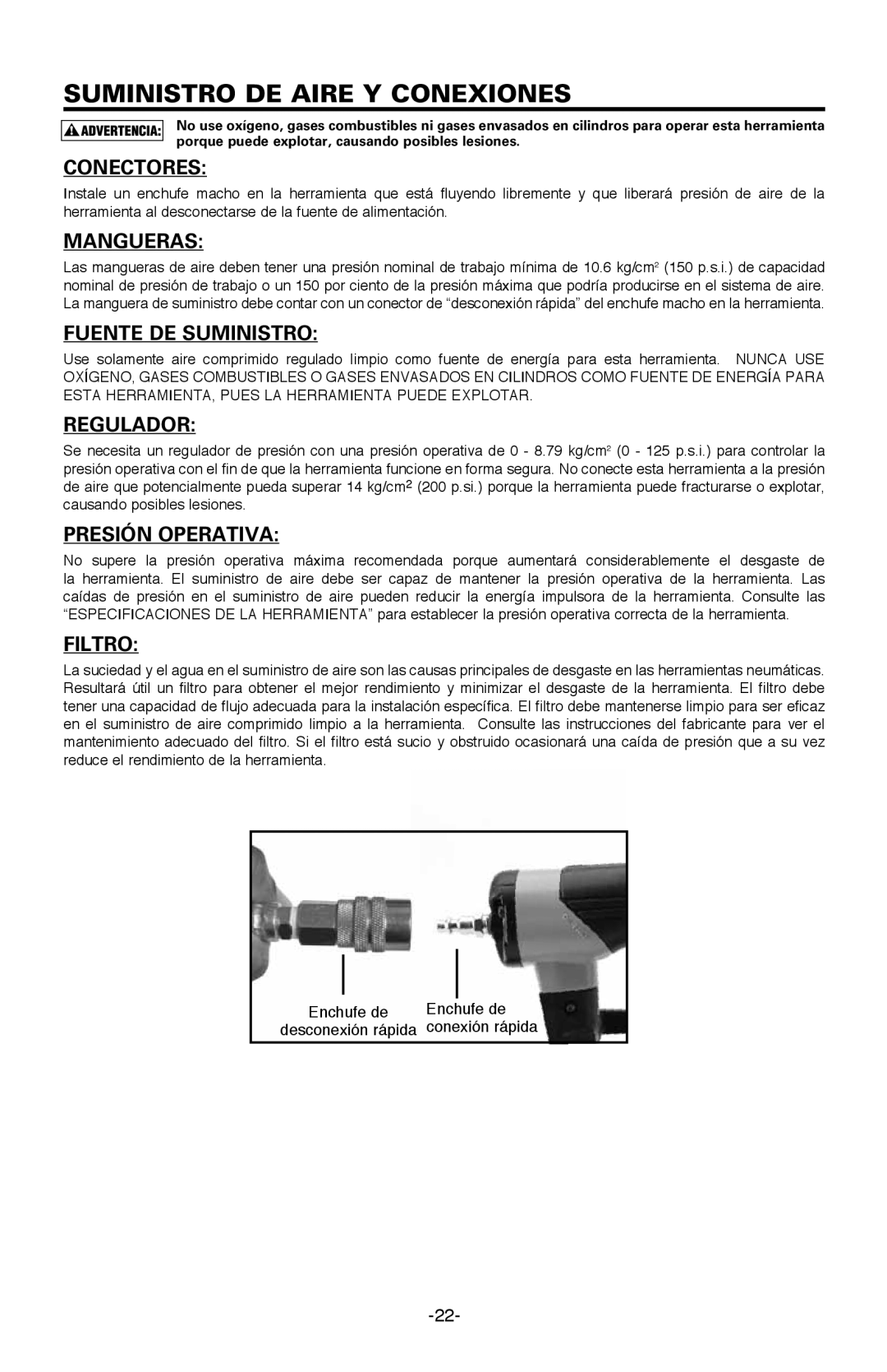 Bostitch BTFP71917 manual Conectores, Mangueras, Fuente DE Suministro, Regulador, Presión Operativa, Filtro 