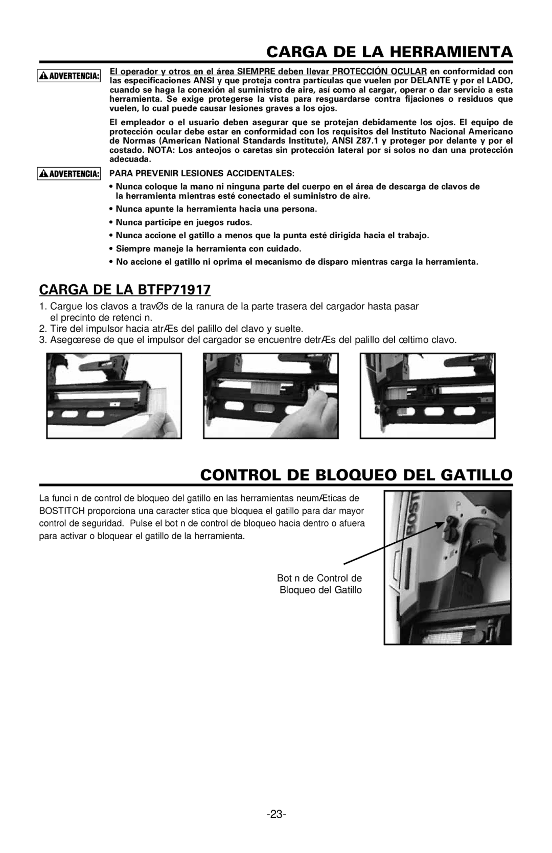 Bostitch BTFP71917 manual Carga de la herramienta, Control DE Bloqueo DEL Gatillo 