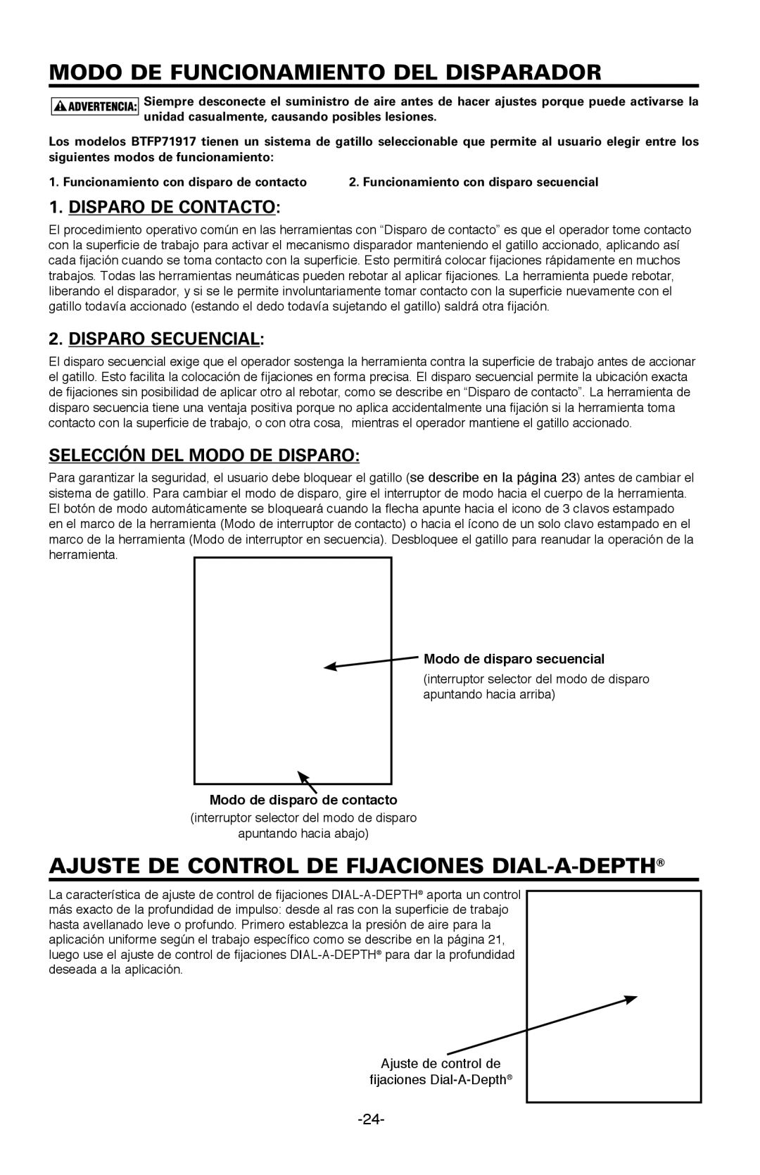 Bostitch BTFP71917 Modo DE Funcionamiento DEL Disparador, Ajuste DE Control DE Fijaciones DIAL-A-DEPTH, Disparo Secuencial 