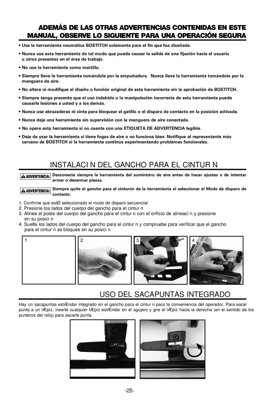 Bostitch BTFP71917 manual Instalación DEL Gancho Para EL Cinturón, USO DEL Sacapuntas Integrado 