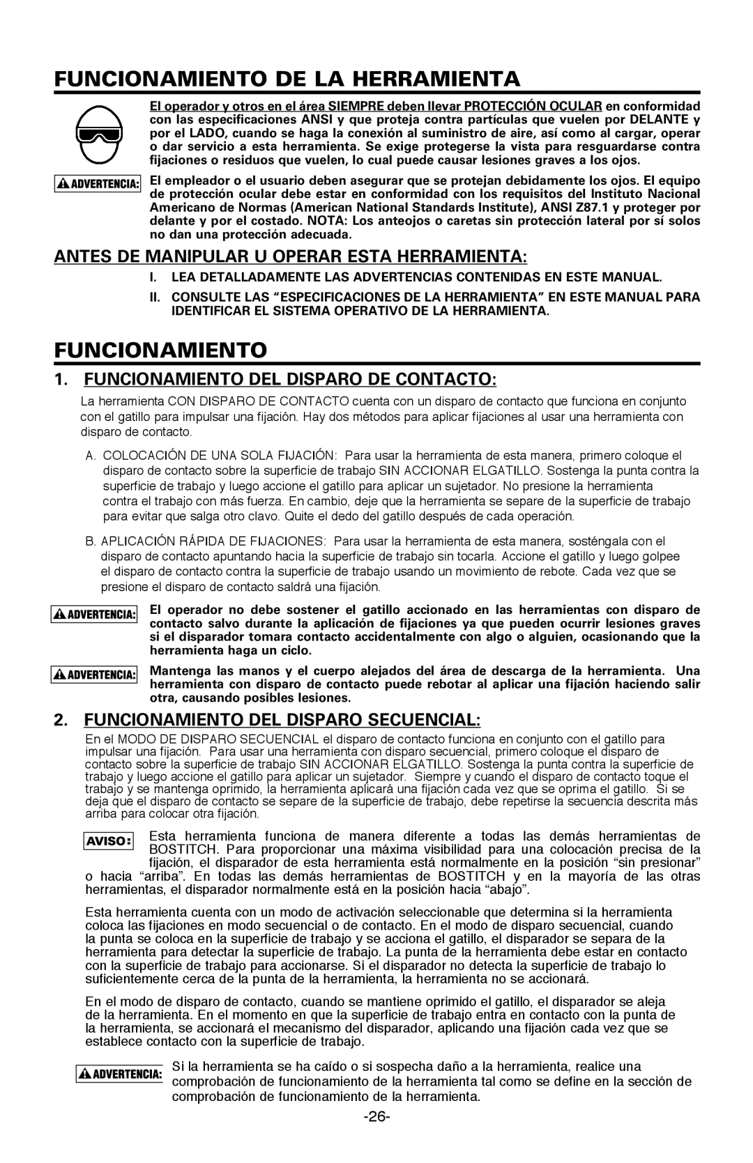 Bostitch BTFP71917 manual Funcionamiento DE LA Herramienta, Antes DE Manipular U Operar Esta Herramienta 