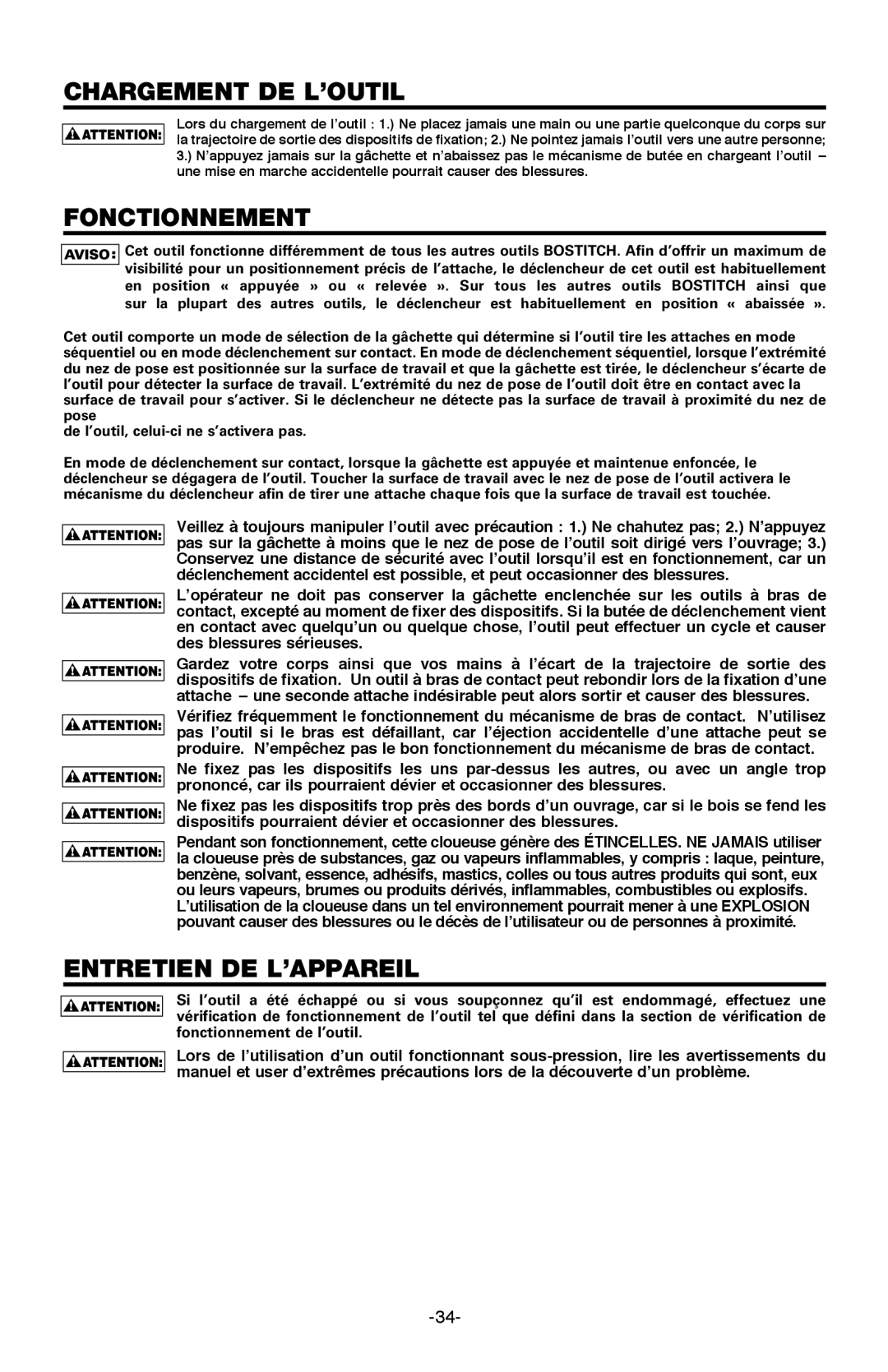 Bostitch BTFP71917 manual Chargement DE L’OUTIL, Fonctionnement, Entretien DE L’APPAREIL 