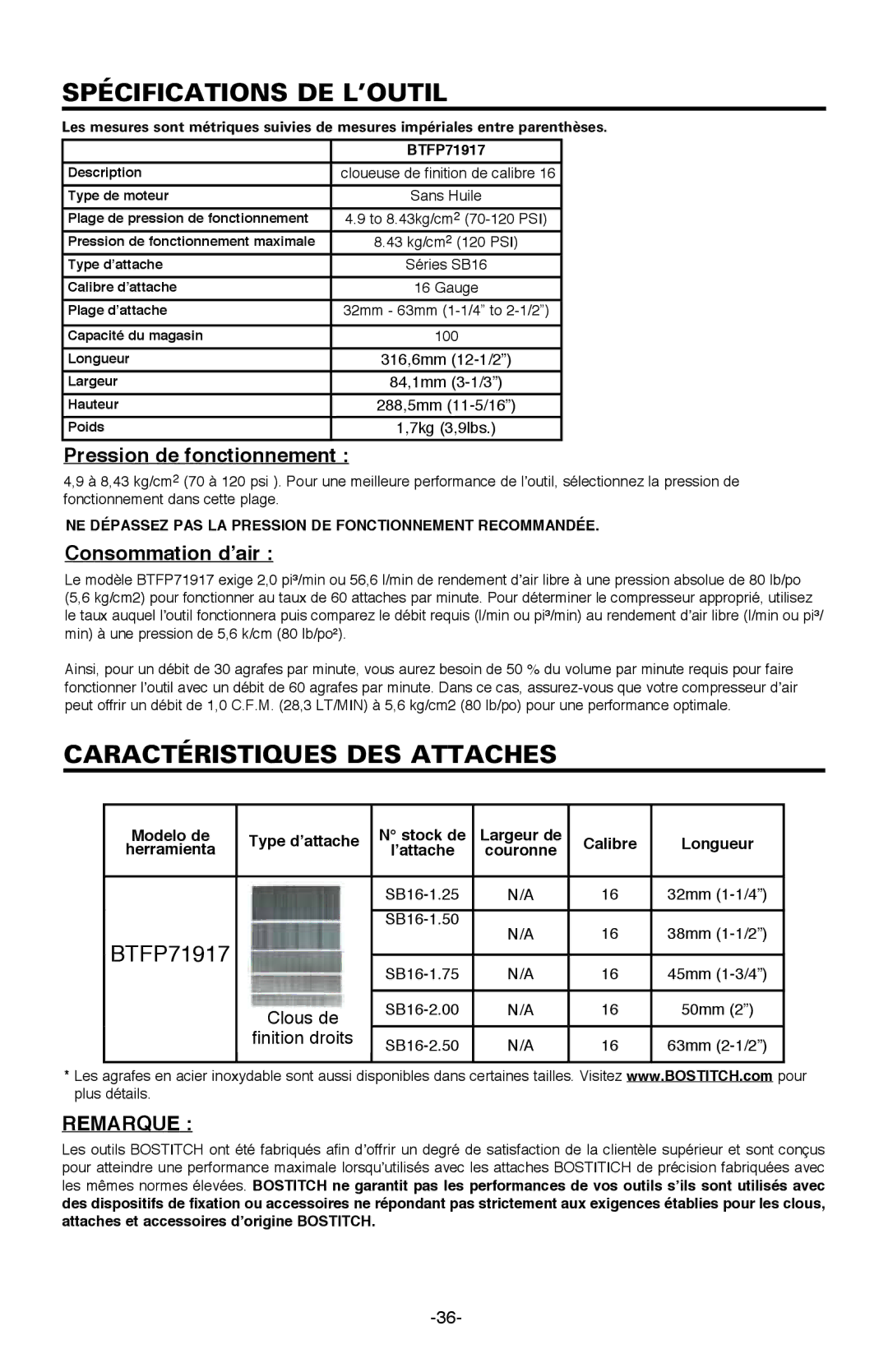 Bostitch BTFP71917 manual Spécifications DE L’OUTIL, Caractéristiques DES Attaches, Pression de fonctionnement 