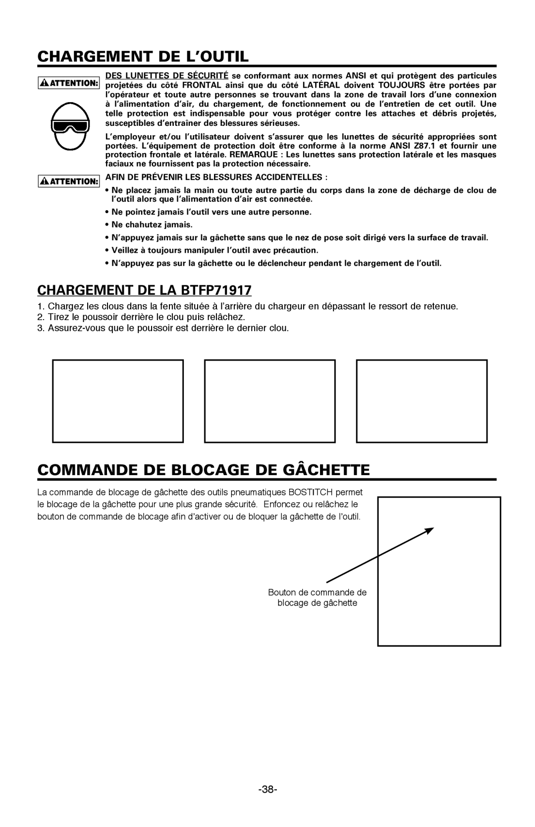 Bostitch BTFP71917 manual Chargement de l’outil, Commande DE Blocage DE Gâchette 