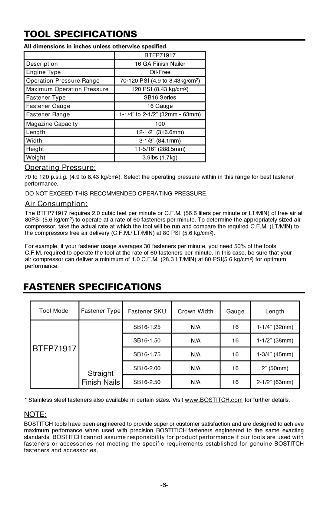 Bostitch BTFP71917 manual Tool Specifications, Fastener Specifications, Operating Pressure, Air Consumption 