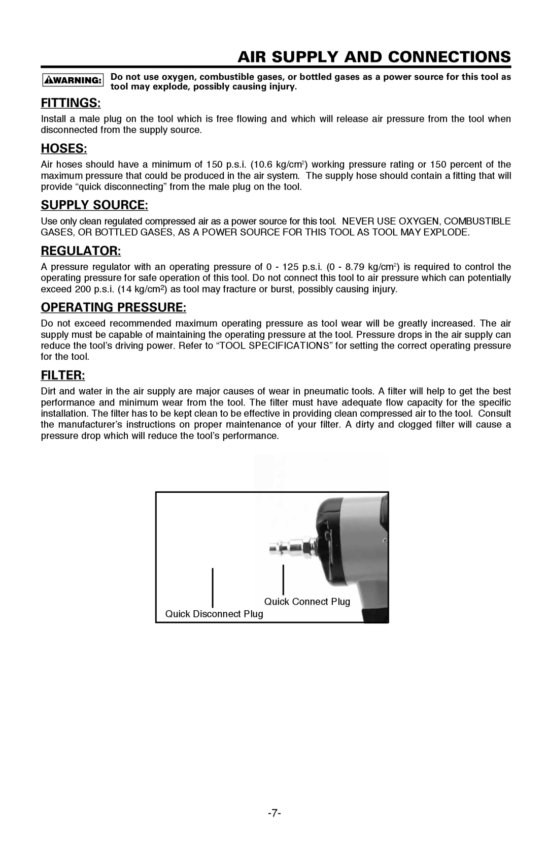 Bostitch BTFP71917 manual Fittings, Hoses, Supply Source, Regulator, Operating Pressure, Filter 