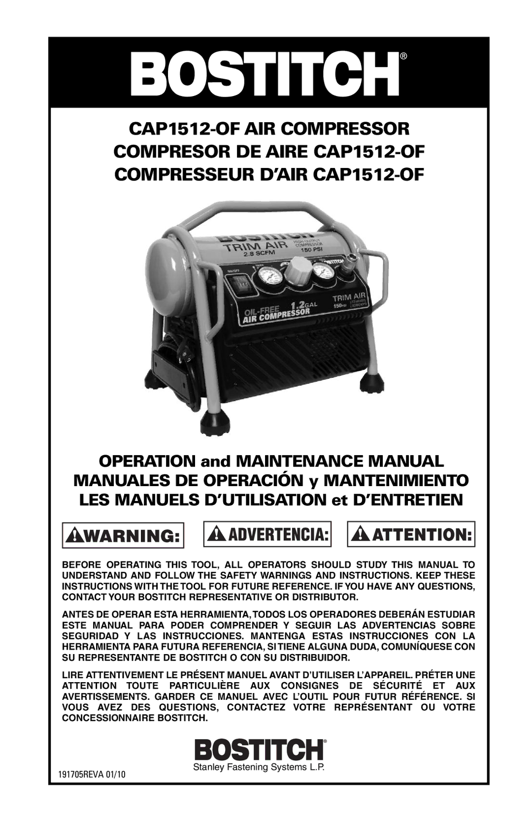 Bostitch CAP1512-OF manual Stanley Fastening Systems L.P 191705REVA 01/10 