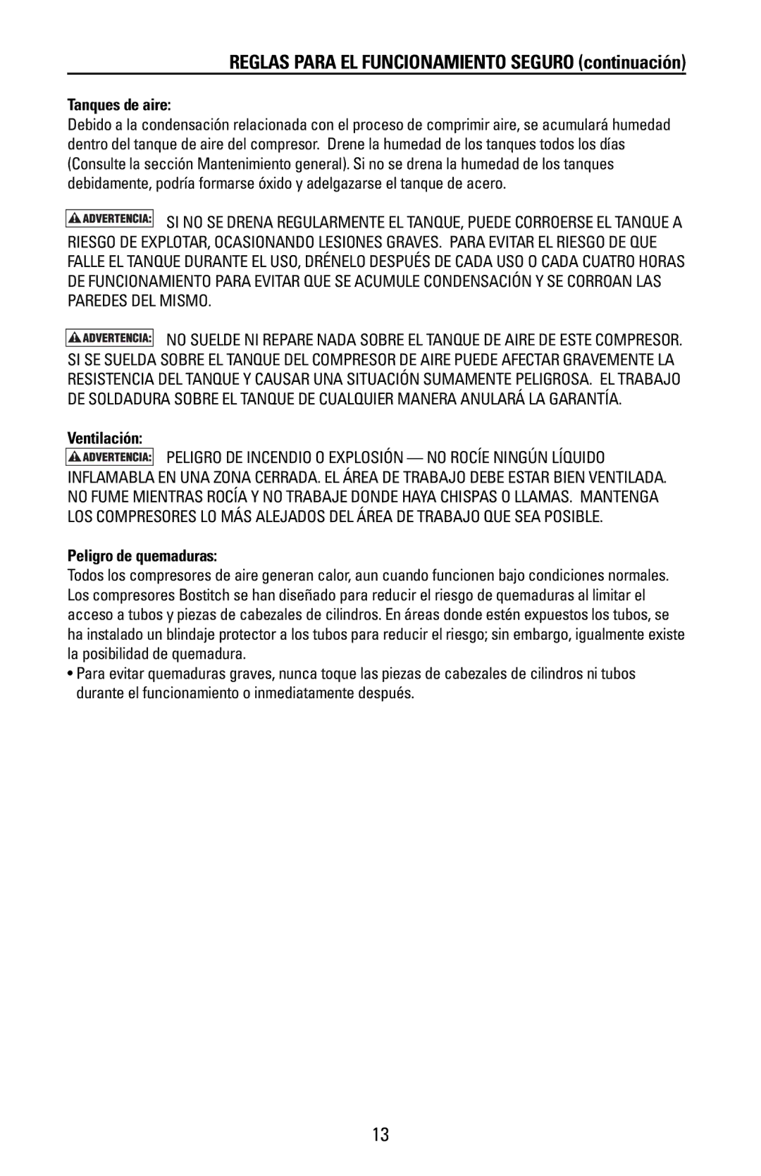 Bostitch CAP1512-OF Reglas Para EL Funcionamiento Seguro continuación, Tanques de aire, Ventilación, Peligro de quemaduras 