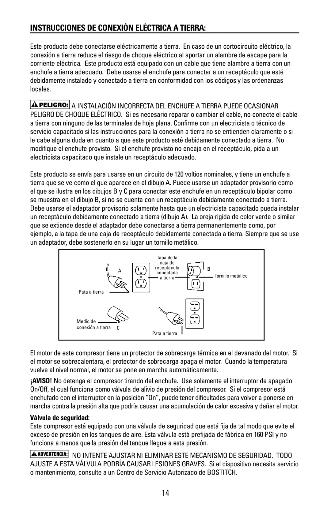 Bostitch CAP1512-OF manual Instrucciones DE Conexión Eléctrica a Tierra, Válvulade seguridad 