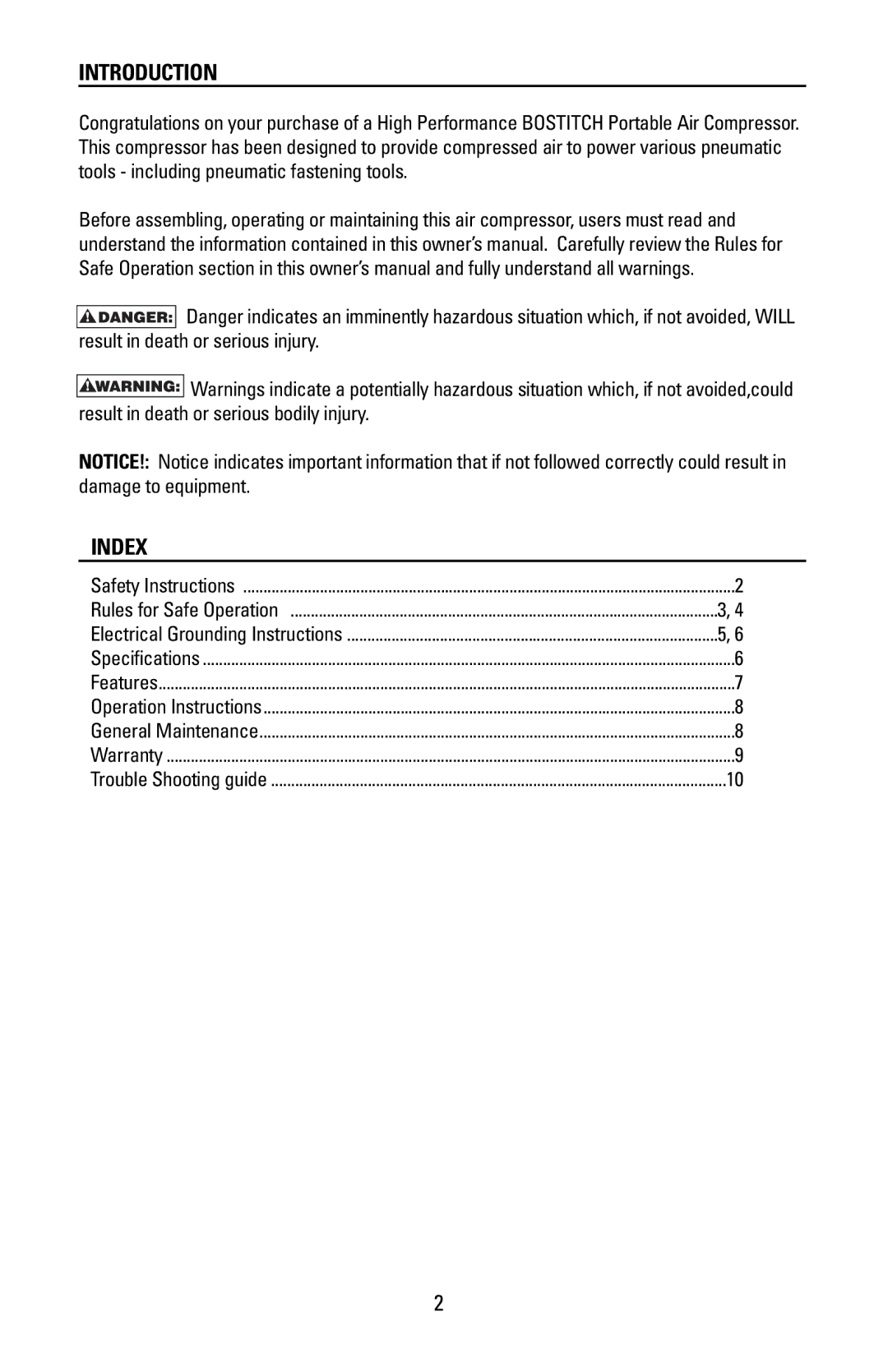 Bostitch CAP1512-OF manual Introduction, Index 