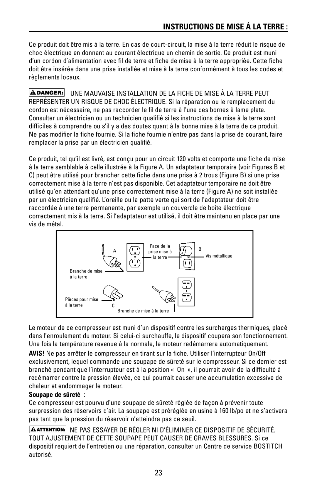 Bostitch CAP1512-OF manual Instructions DE Mise À LA Terre, Soupape de sûreté 