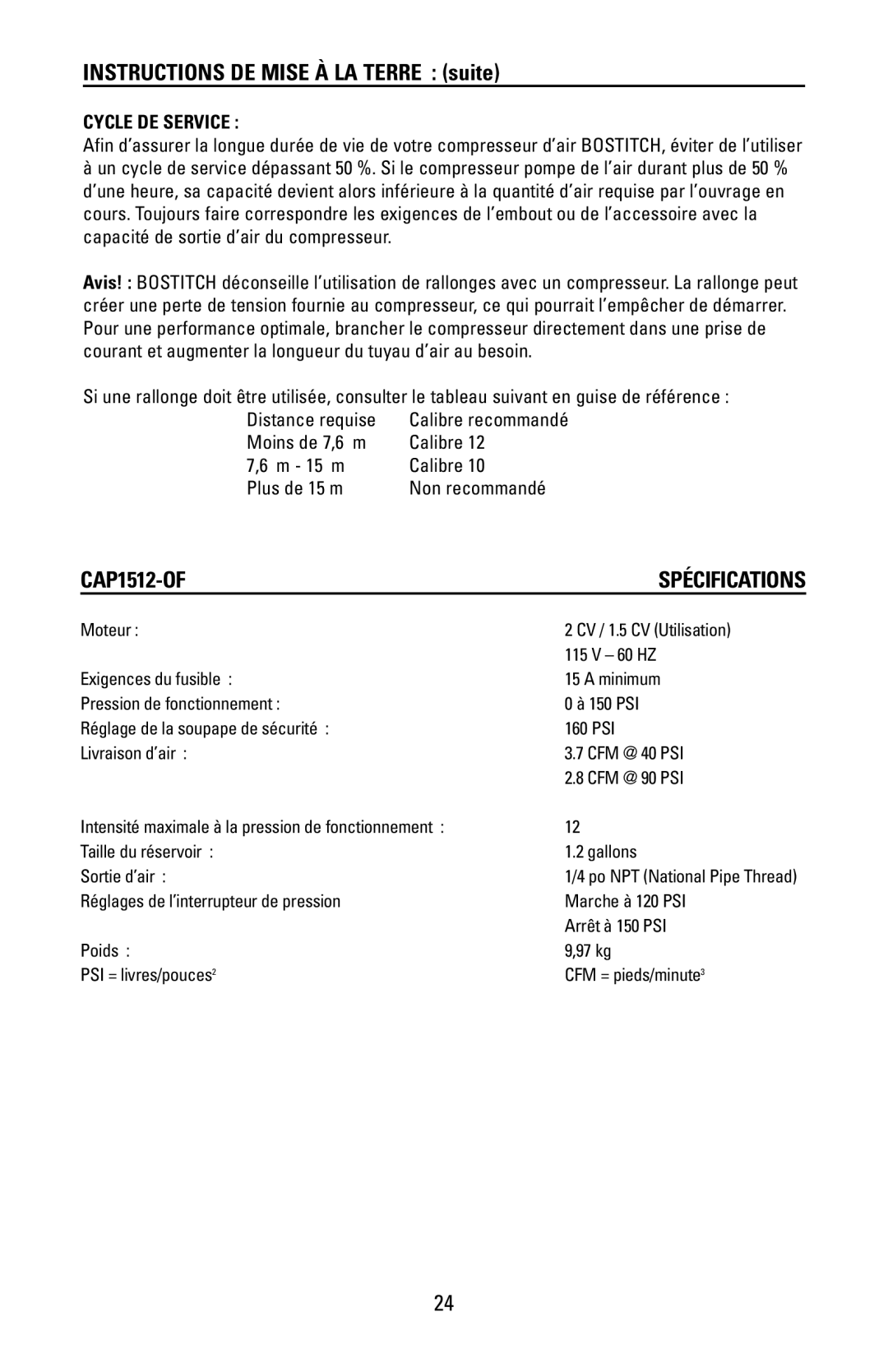 Bostitch CAP1512-OF manual Instructions DE Mise À LA Terre suite, Cycle DE Service 