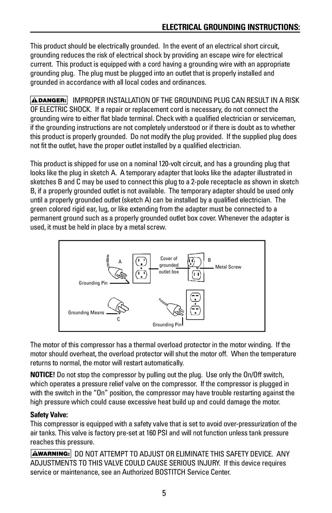 Bostitch CAP1512-OF manual Electrical Grounding Instructions, Safety Valve 