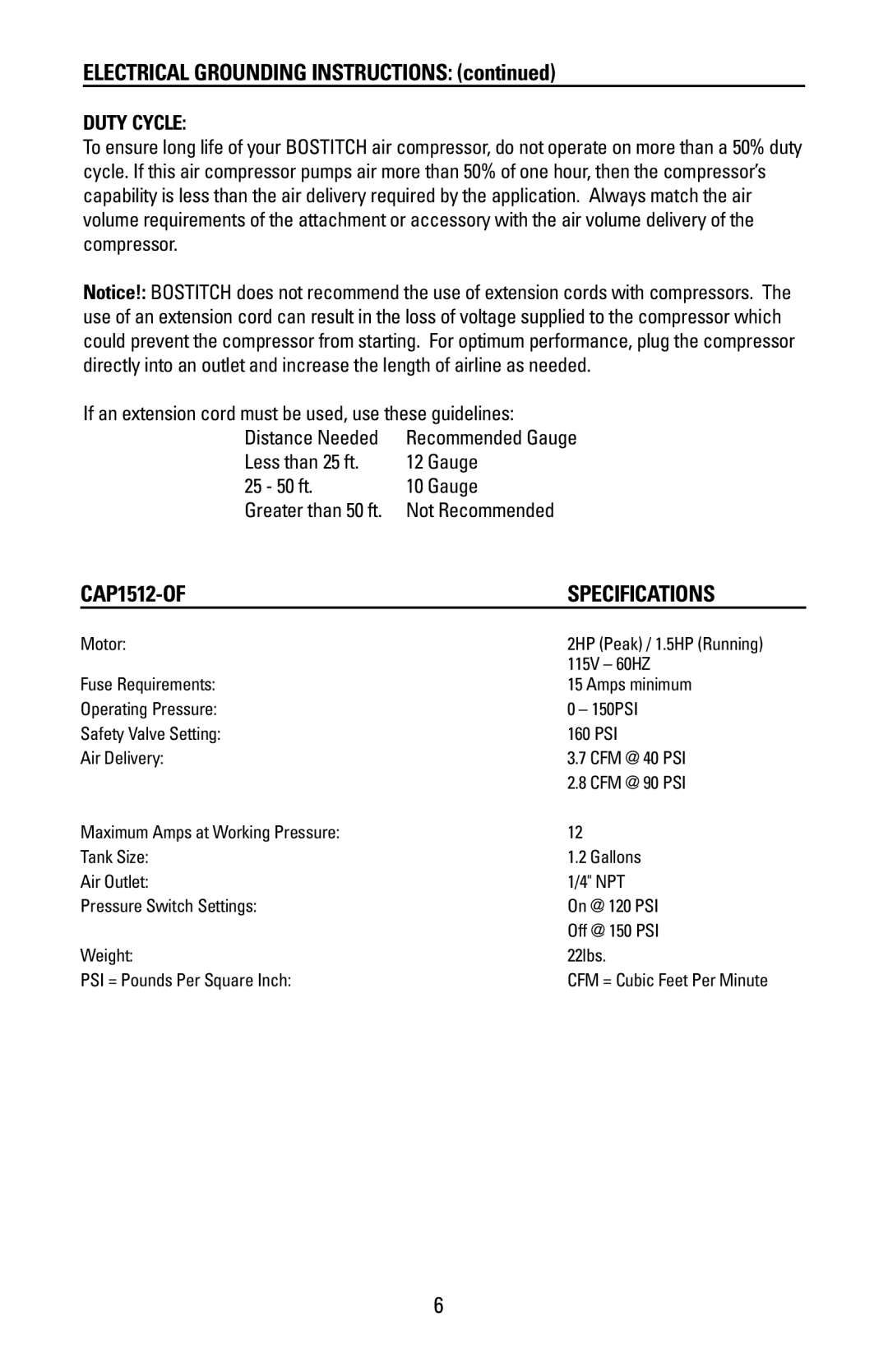 Bostitch CAP1512-OF manual Electricalgroundinginstructions, Specifications 