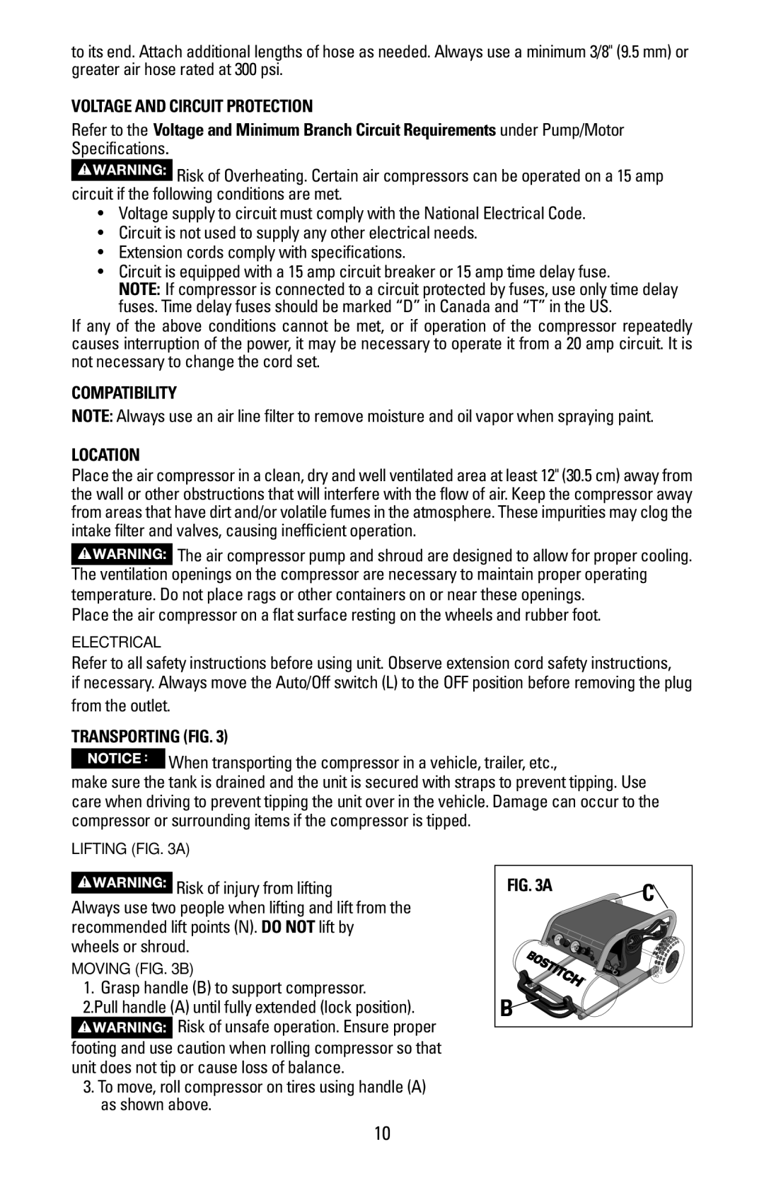 Bostitch CAP1645-OF owner manual Voltage and Circuit Protection, Compatibility Location, From the outlet, Transporting FIG 