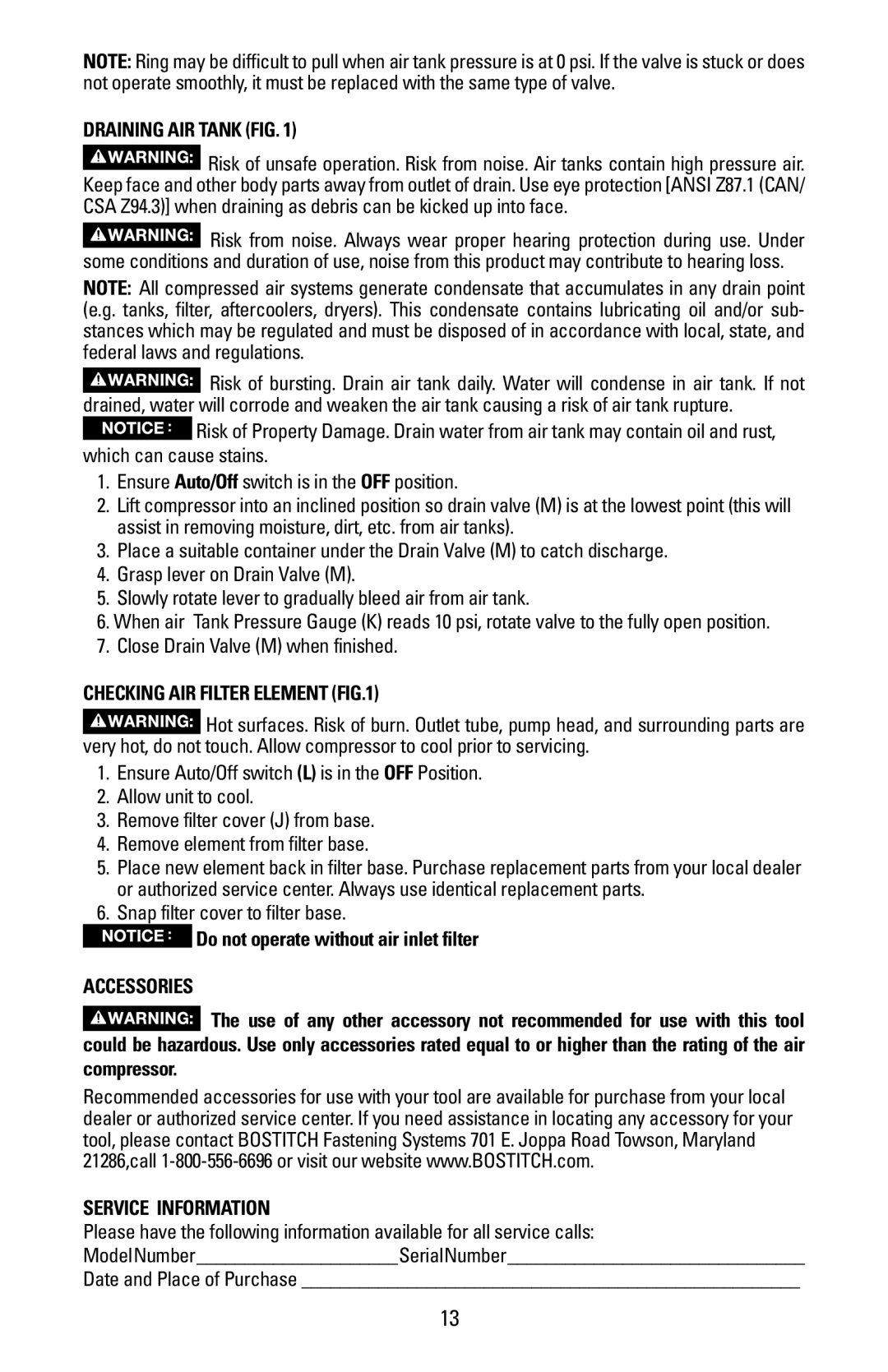 Bostitch CAP1645-OF Draining AIR Tank FIG, Checking AIR Filter Element, Do not operate without air inlet filter 