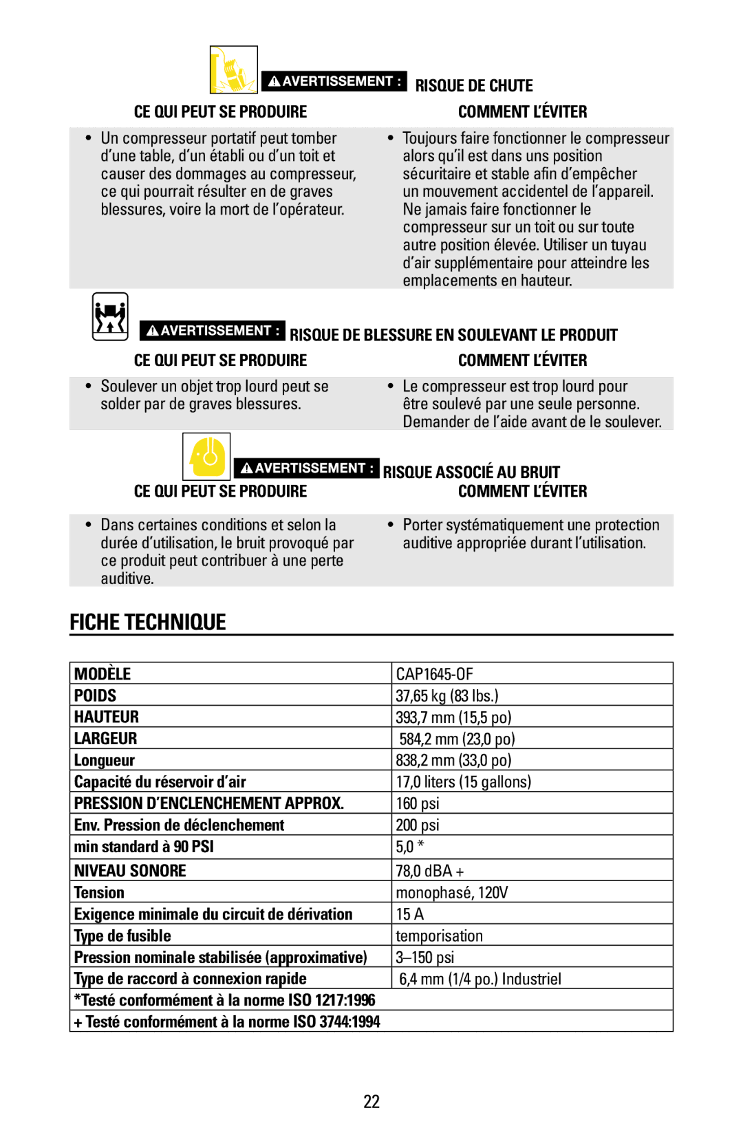 Bostitch CAP1645-OF owner manual Fiche Technique 