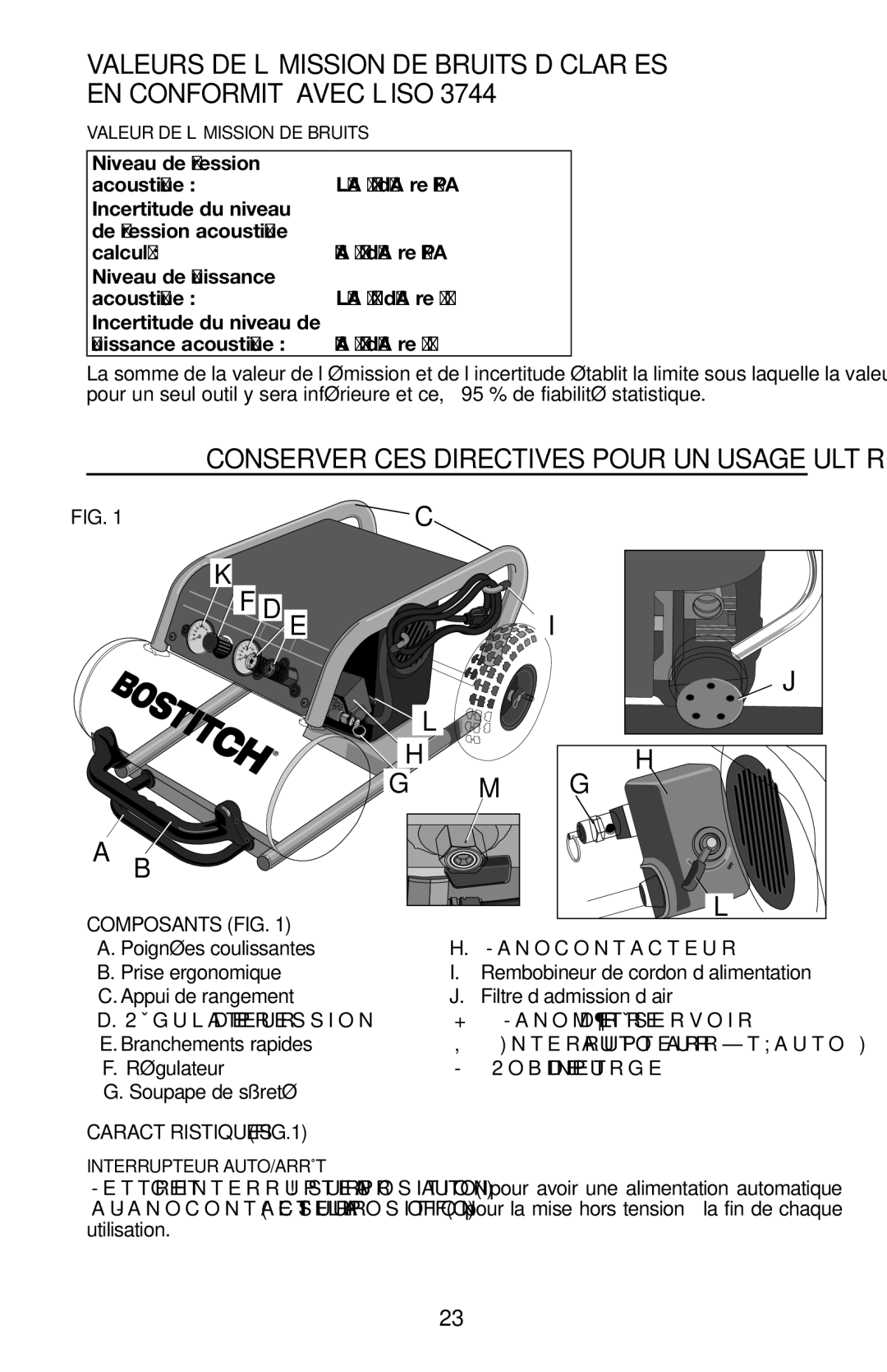 Bostitch CAP1645-OF Poignées coulissantes Manocontacteur, Filtre d’admission d’air, Régulateur Robinet de purge 