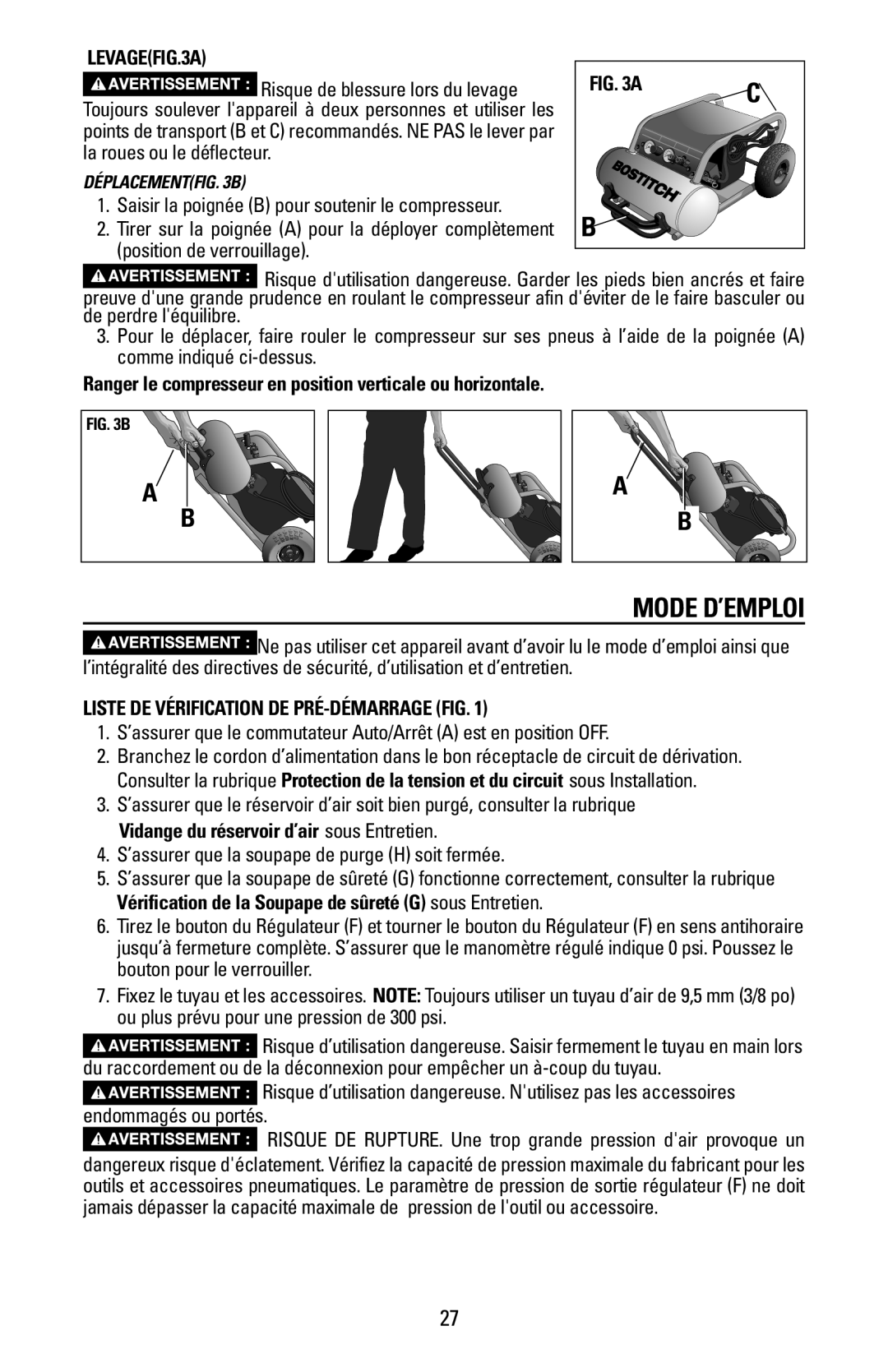 Bostitch CAP1645-OF owner manual Mode D’EMPLOI, LEVAGEFIG.3A, Ranger le compresseur en position verticale ou horizontale 