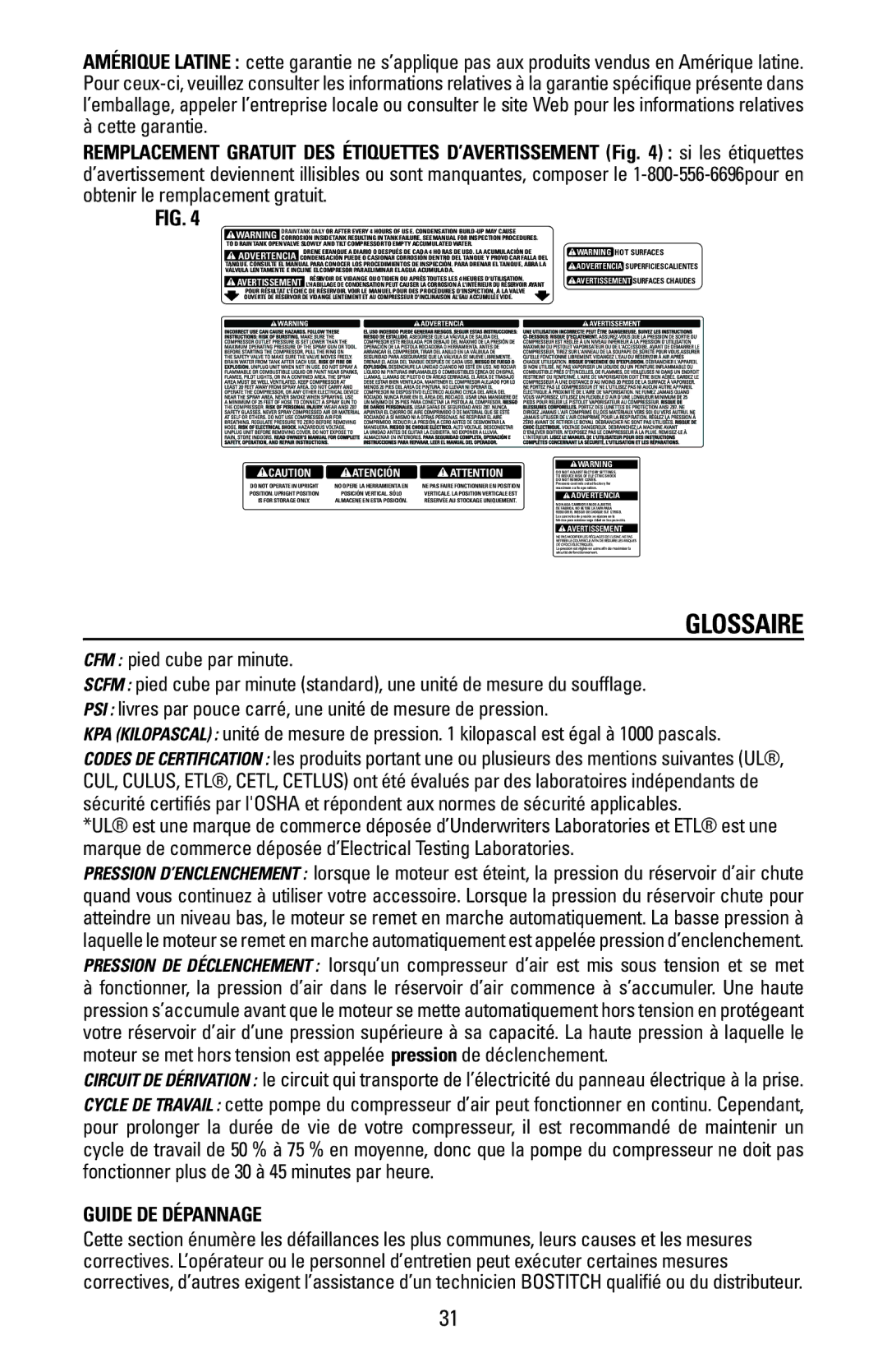 Bostitch CAP1645-OF owner manual Glossaire, Guide DE Dépannage 