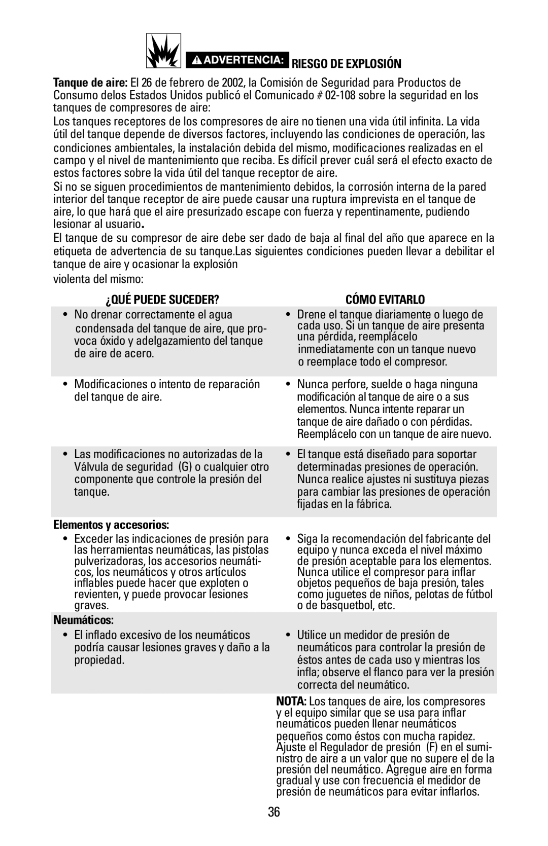 Bostitch CAP1645-OF Riesgo DE Explosión, Tanque de aire y ocasionar la explosión violenta del mismo, Neumáticos 