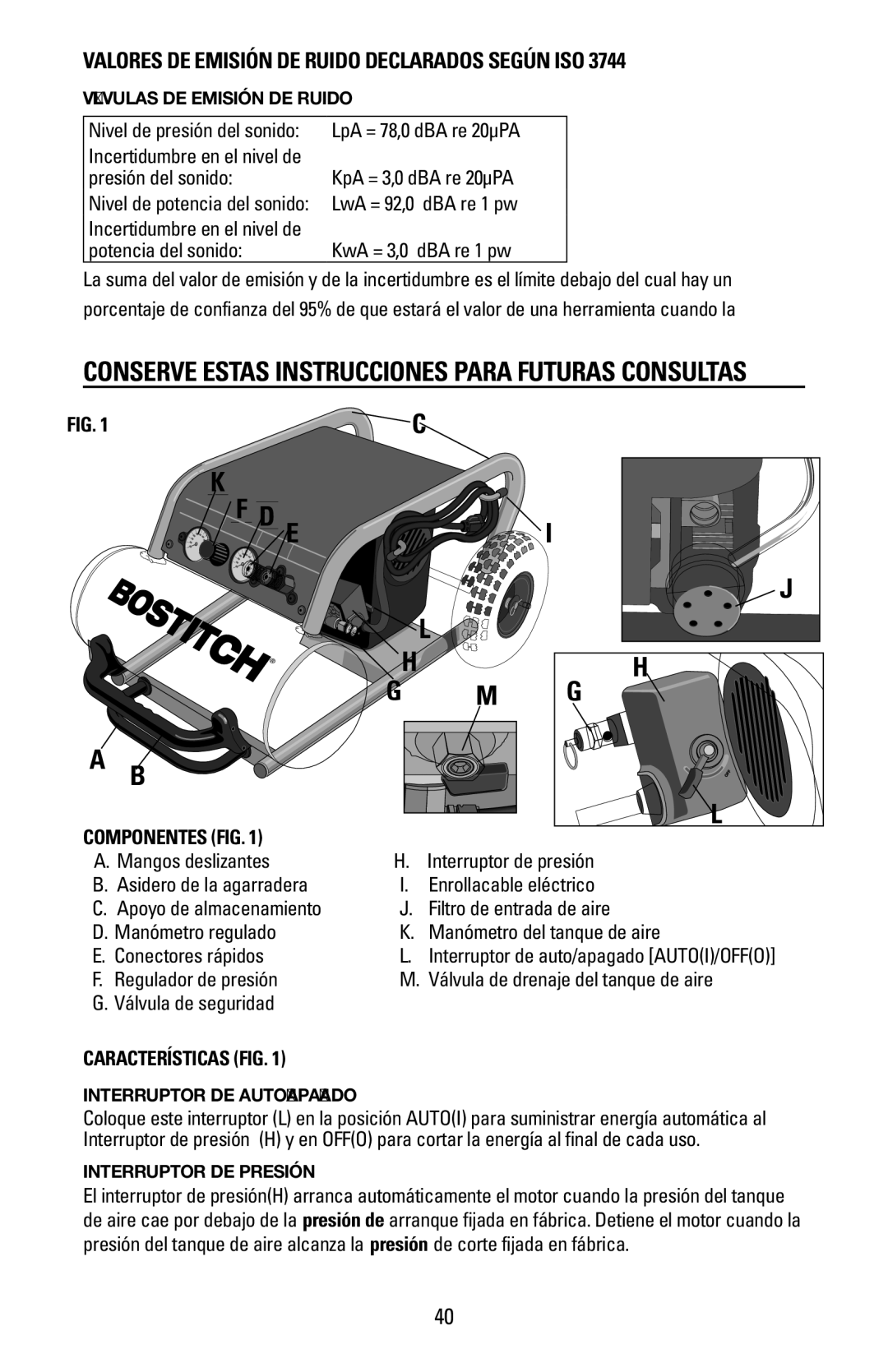 Bostitch CAP1645-OF owner manual Presión del sonido KpA = 3,0 dBA re 20μPA, LwA = 92,0 dBA re 1 pw, Componentes FIG 