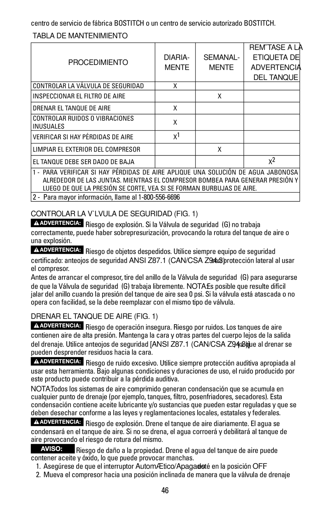 Bostitch CAP1645-OF Tabla DE Mantenimiento, Procedimiento, Para mayor información, llame al, Drenar EL Tanque DE Aire FIG 