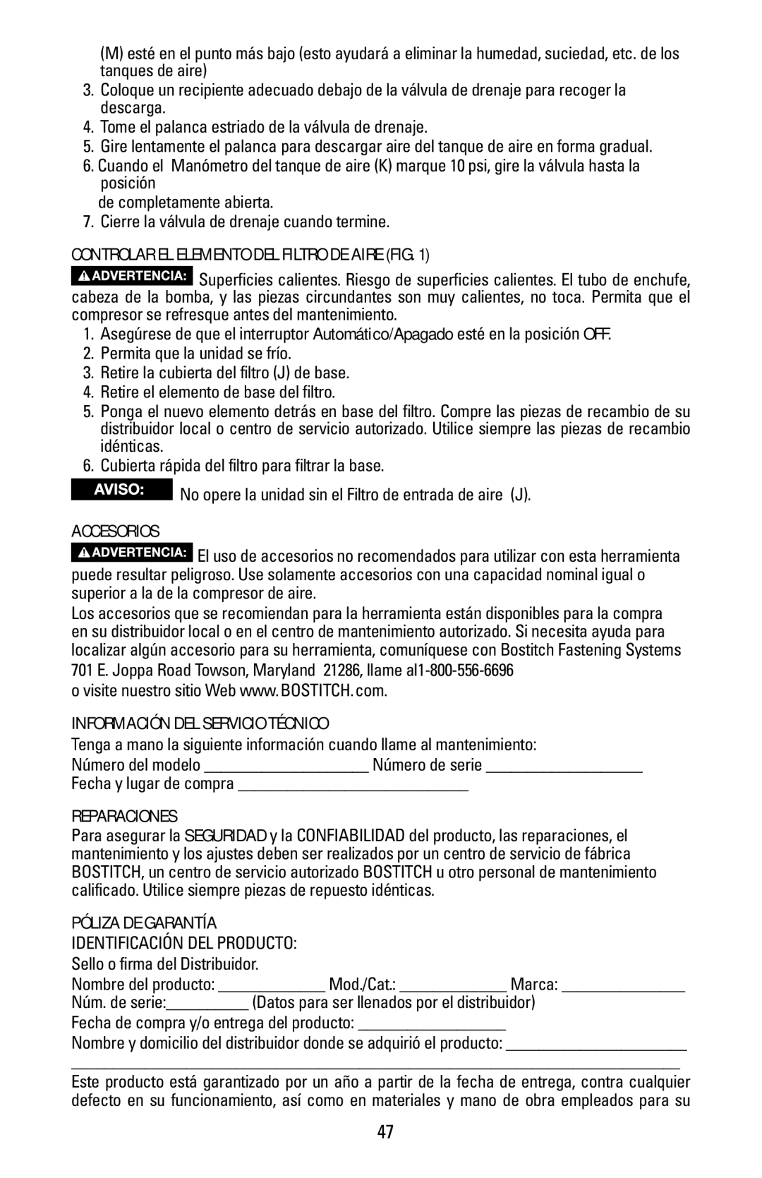 Bostitch CAP1645-OF owner manual Controlar EL Elemento DEL Filtro DE Aire FIG, Accesorios, Información DEL Servicio Técnico 