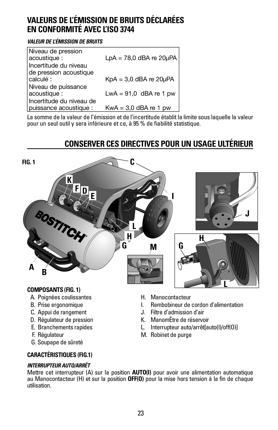 Bostitch CAP1645-OF owner manual Valeurs De L’Émission De Bruits Déclarées, En Conformité Avec L’Iso 