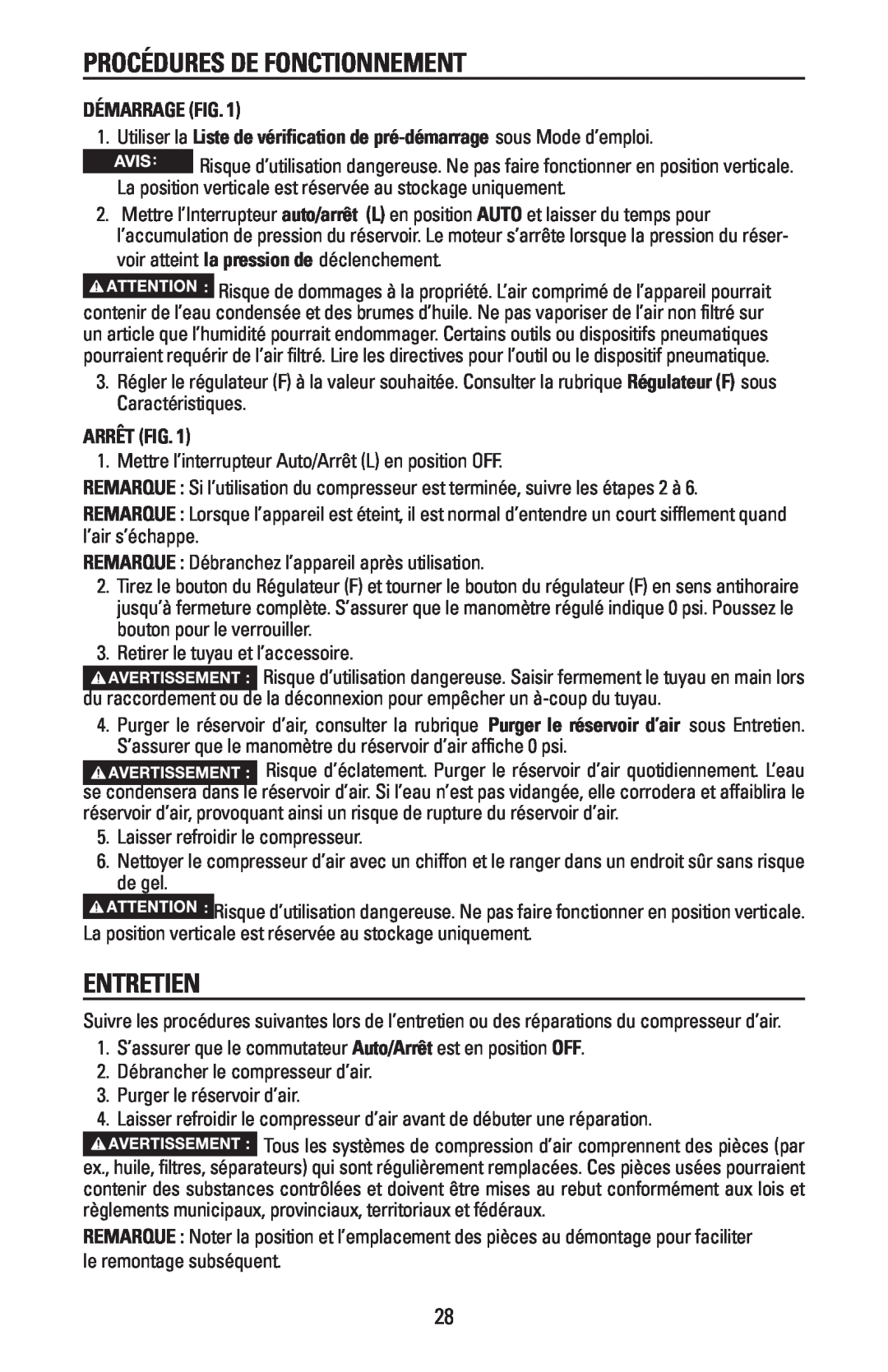 Bostitch CAP1645-OF owner manual Procédures De Fonctionnement, Entretien, Démarrage Fig, Arrêt Fig 