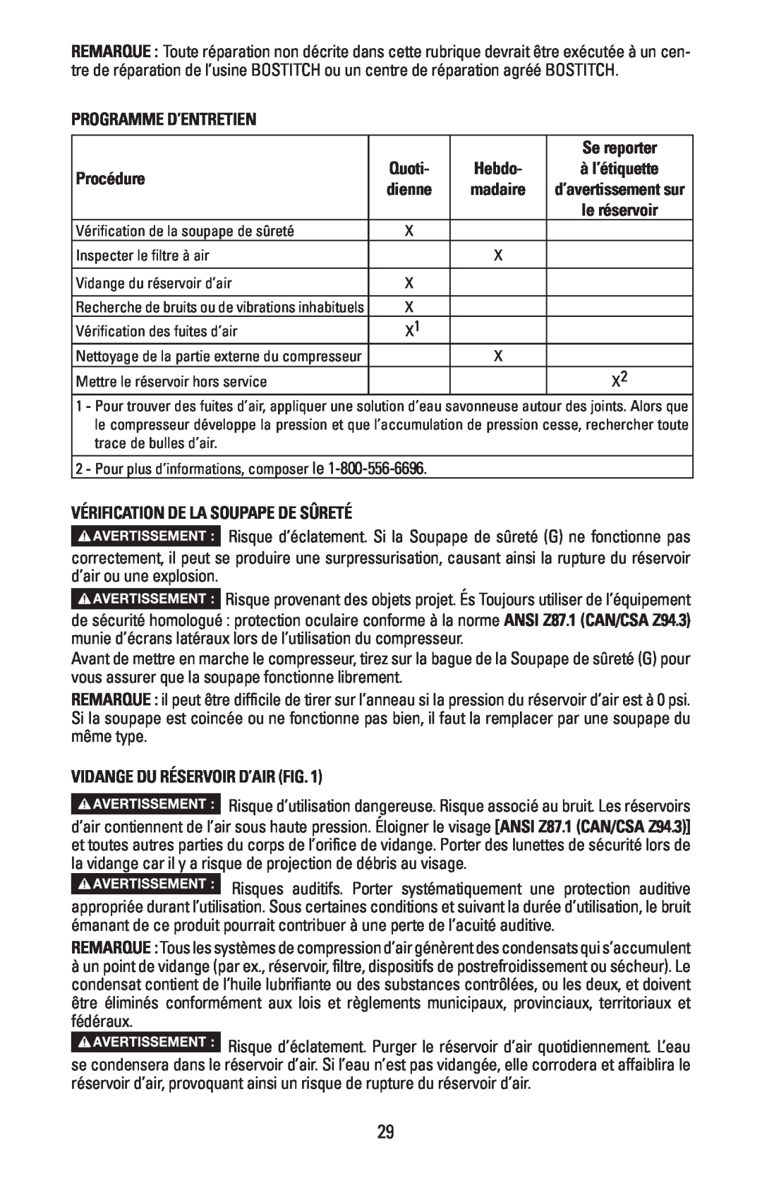 Bostitch CAP1645-OF owner manual Programme D’Entretien, Se reporter, Procédure, Vérification De La Soupape De Sûreté 