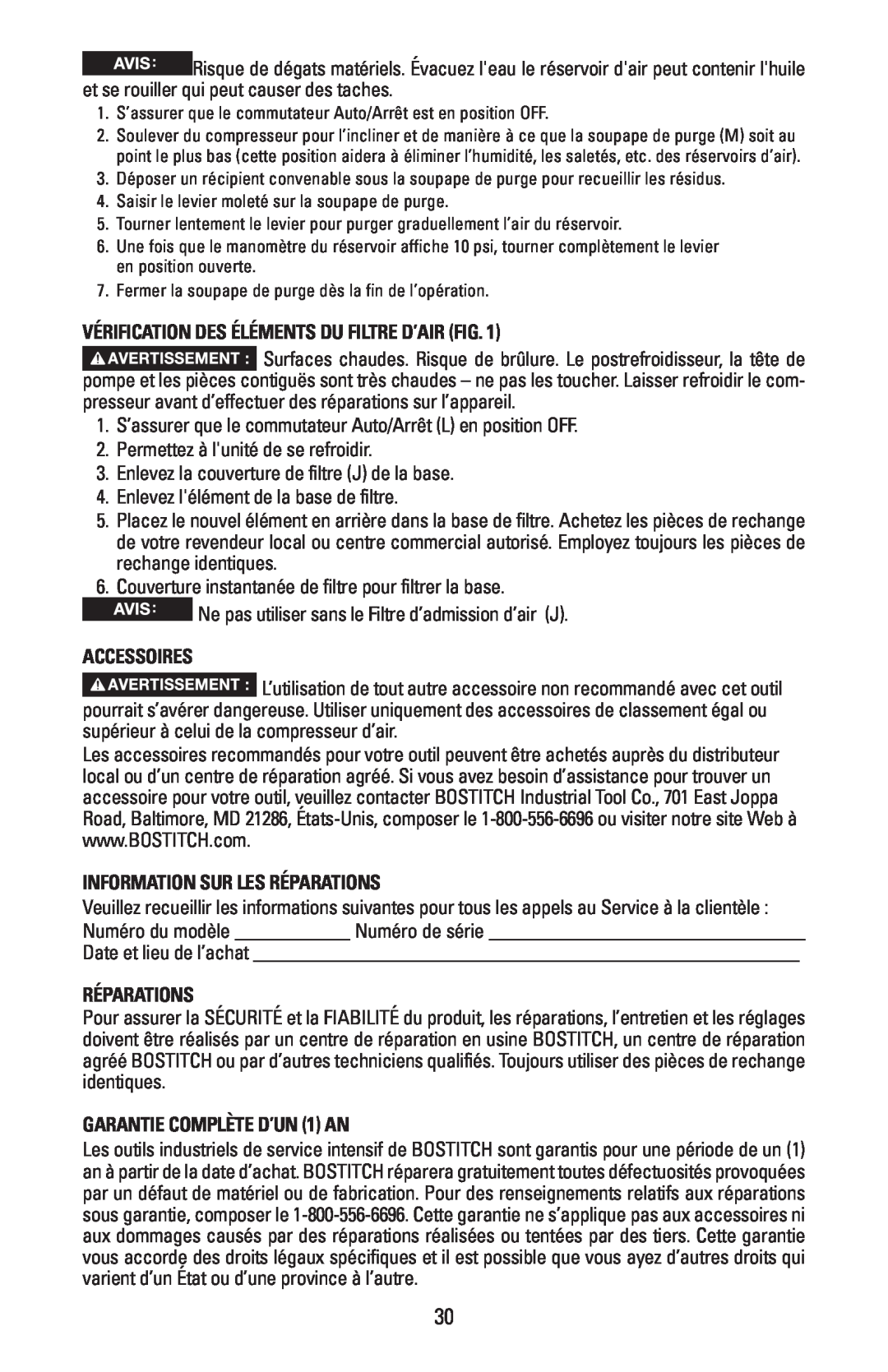 Bostitch CAP1645-OF Vérification Des Éléments Du Filtre D’Air Fig, Accessoires, Information Sur Les Réparations 