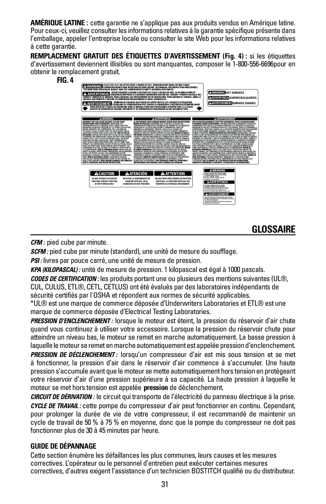 Bostitch CAP1645-OF owner manual Glossaire, Fig, Guide De Dépannage 