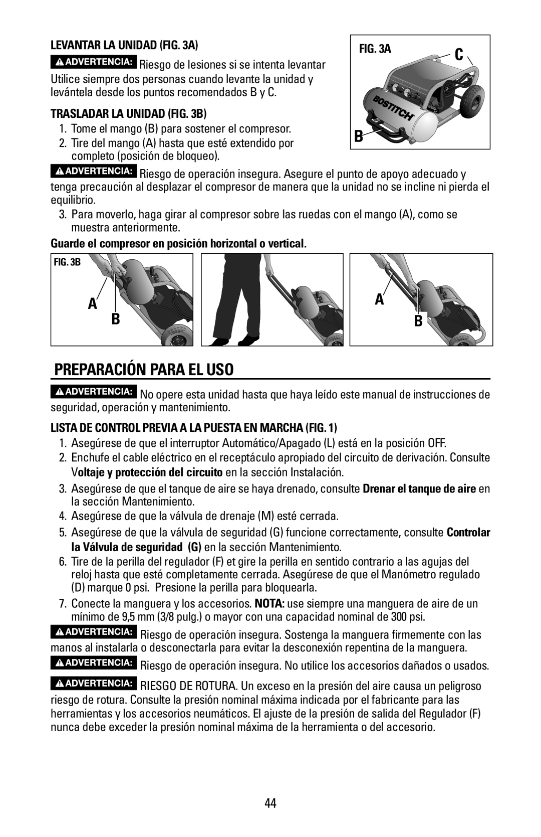 Bostitch CAP1645-OF owner manual Preparación Para El Uso, Levantar La Unidad A, Trasladar La Unidad B 