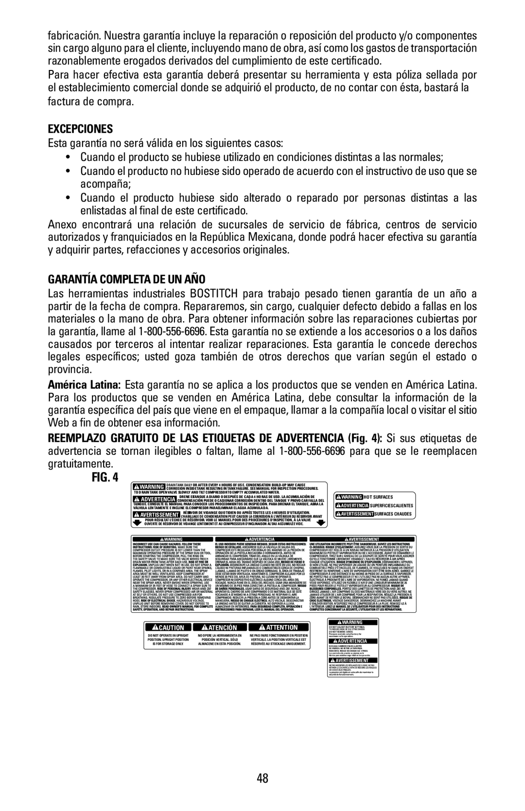 Bostitch CAP1645-OF owner manual Excepciones, Garantía Completa De Un Año, Fig 