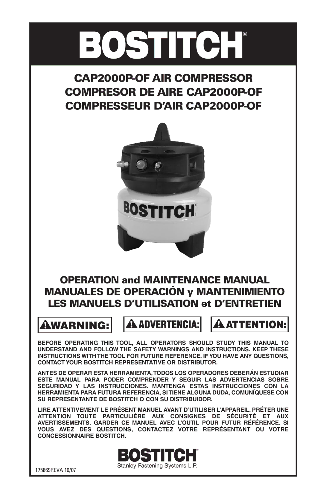 Bostitch CAP2000P-OF manual Stanley Fastening Systems L.P 175869REVA 10/07 