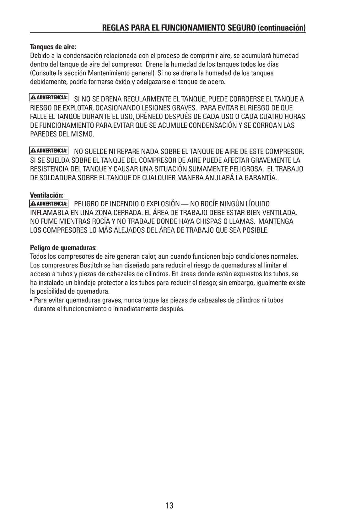 Bostitch 175869REVA Reglas Para EL Funcionamiento Seguro continuación, Tanques de aire, Ventilación, Peligro de quemaduras 