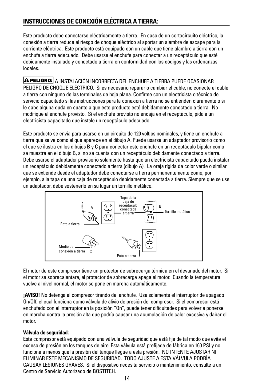 Bostitch CAP2000P-OF, 175869REVA manual Instrucciones DE Conexión Eléctrica a Tierra, Válvula de seguridad 