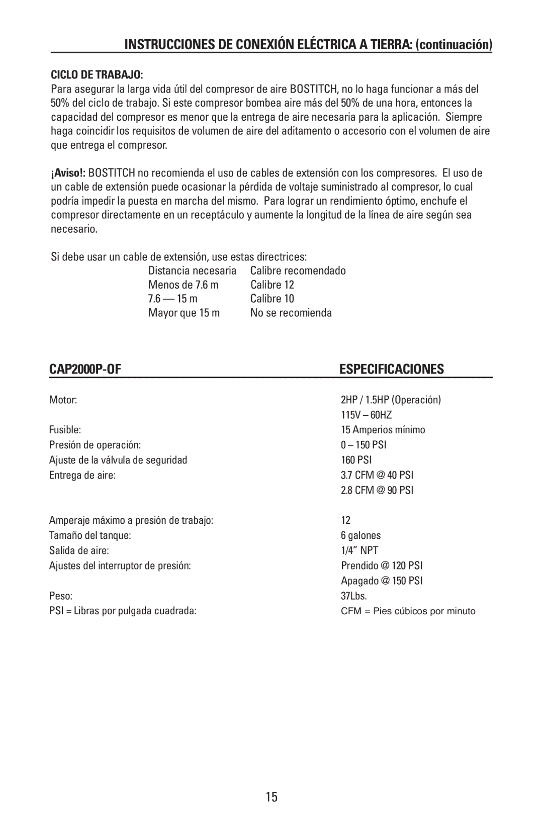 Bostitch 175869REVA manual CAP2000P-OF Especificaciones, Instrucciones DE Conexión Eléctrica a Tierra continuación 