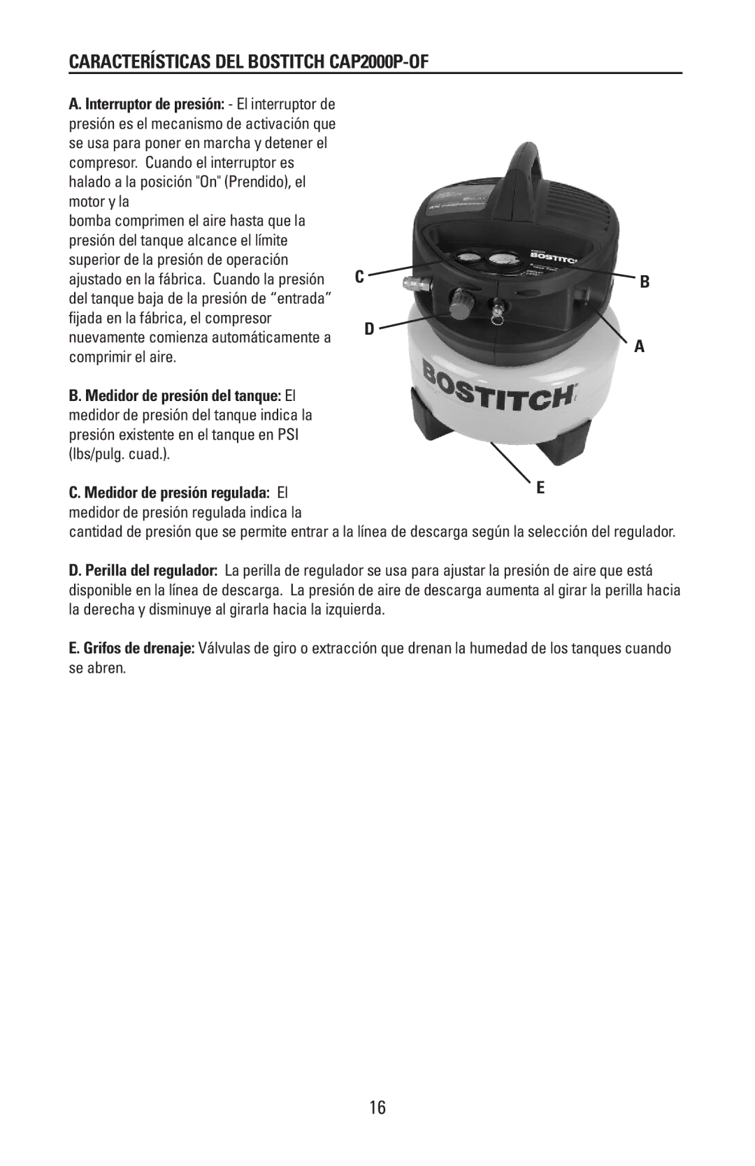 Bostitch 175869REVA manual Características DEL Bostitch CAP2000P-OF, Medidor de presión regulada ElE 