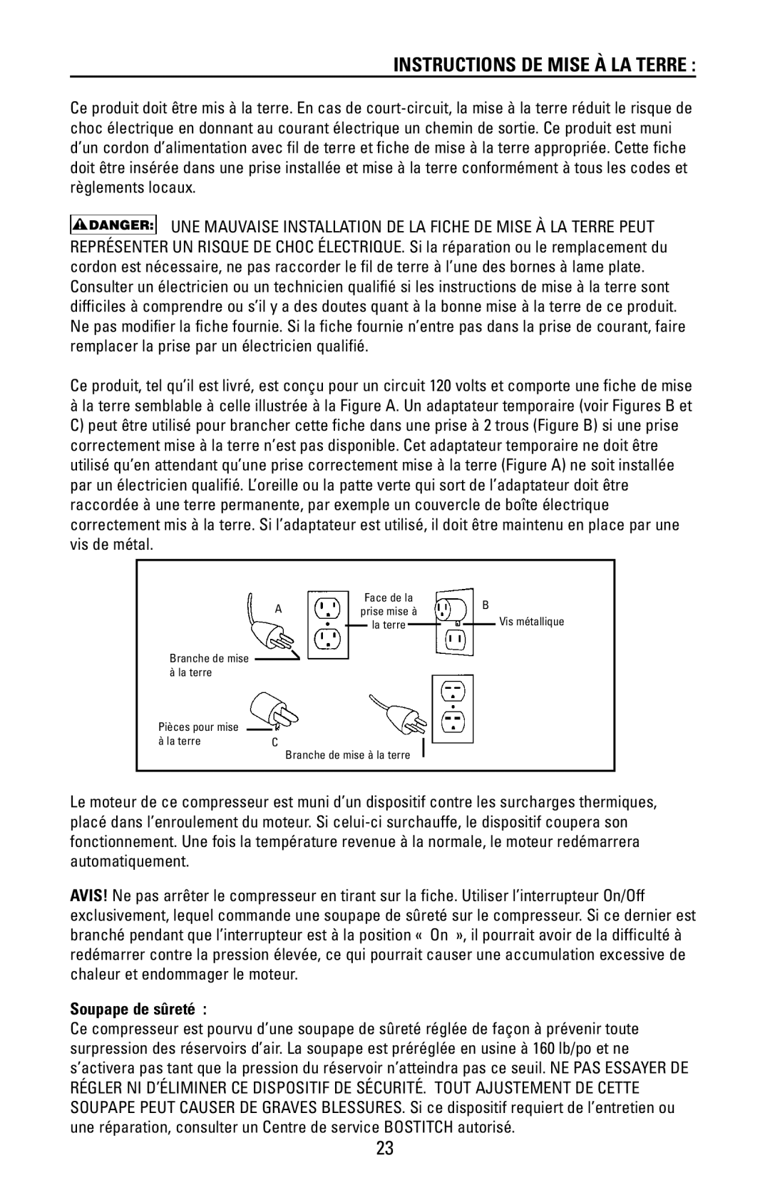 Bostitch 175869REVA, CAP2000P-OF manual Instructions DE Mise À LA Terre, Soupape de sûreté 