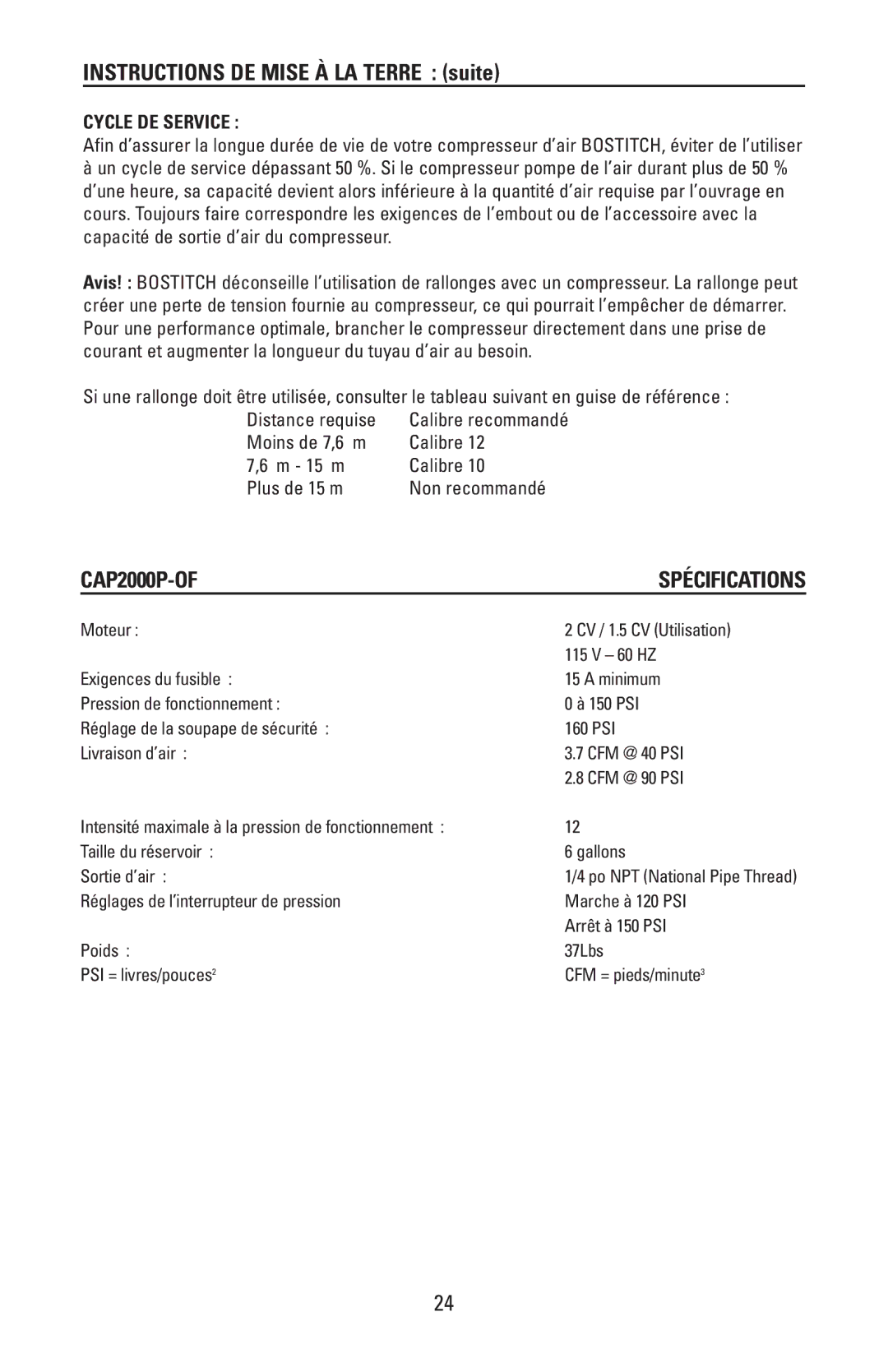 Bostitch CAP2000P-OF, 175869REVA manual Instructions DE Mise À LA Terre suite 